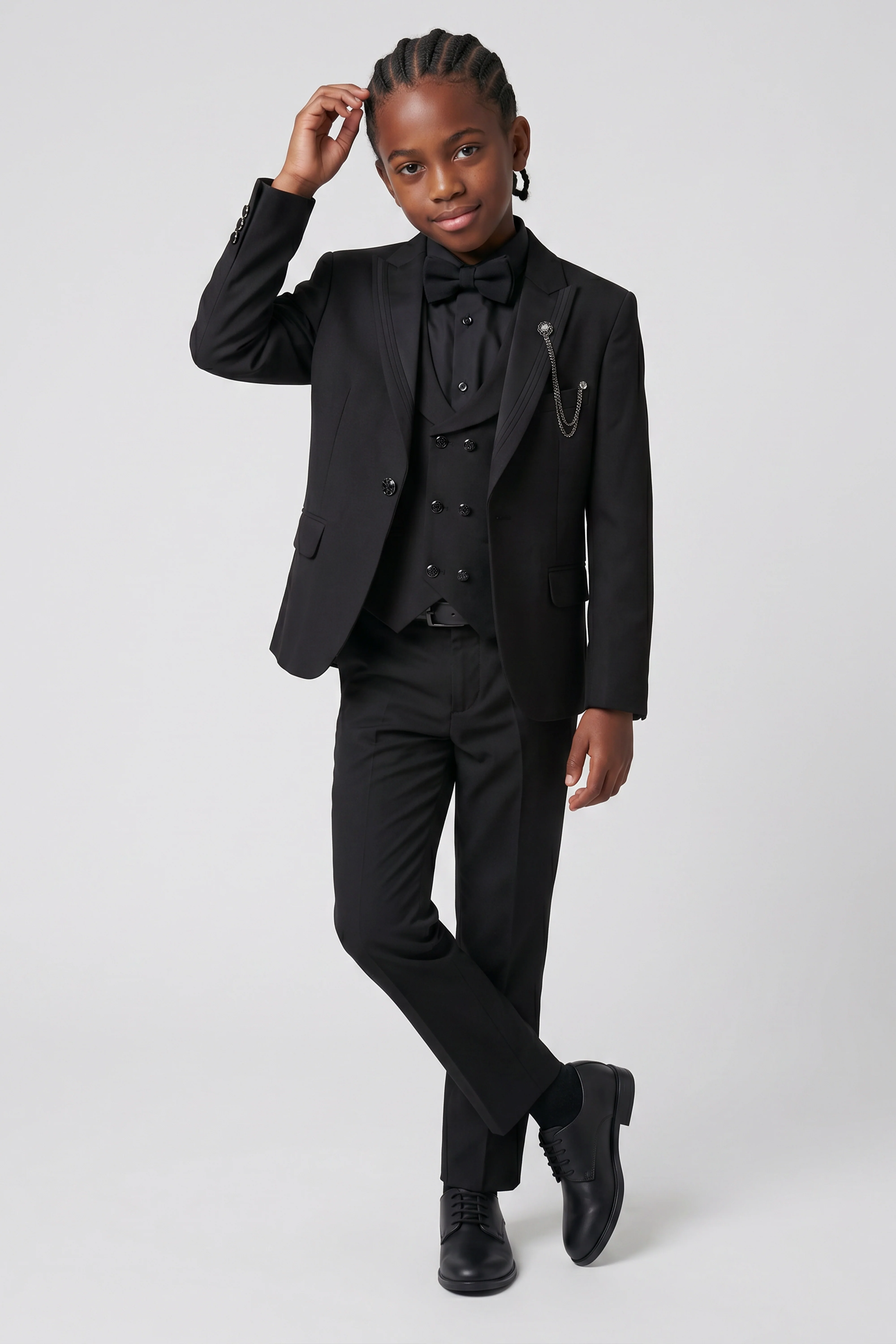 Boys’ 6-Piece Tuxedo Dinner Suit with Double Breasted Waistcoat - DAMATLIK - Black - Image 2