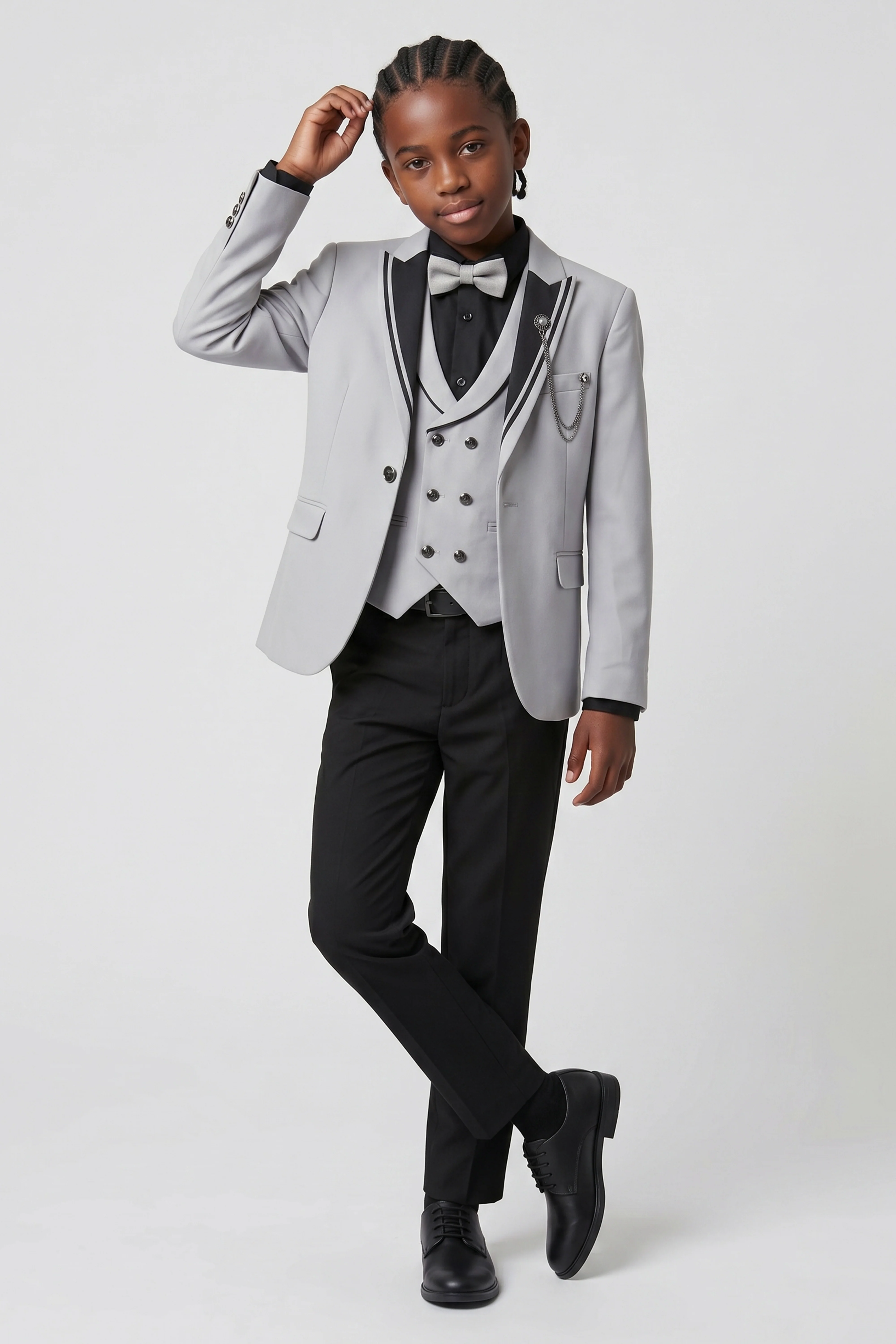 Boys’ 6-Piece Tuxedo Dinner Suit with Double Breasted Waistcoat - DAMATLIK - Grey - Image 2
