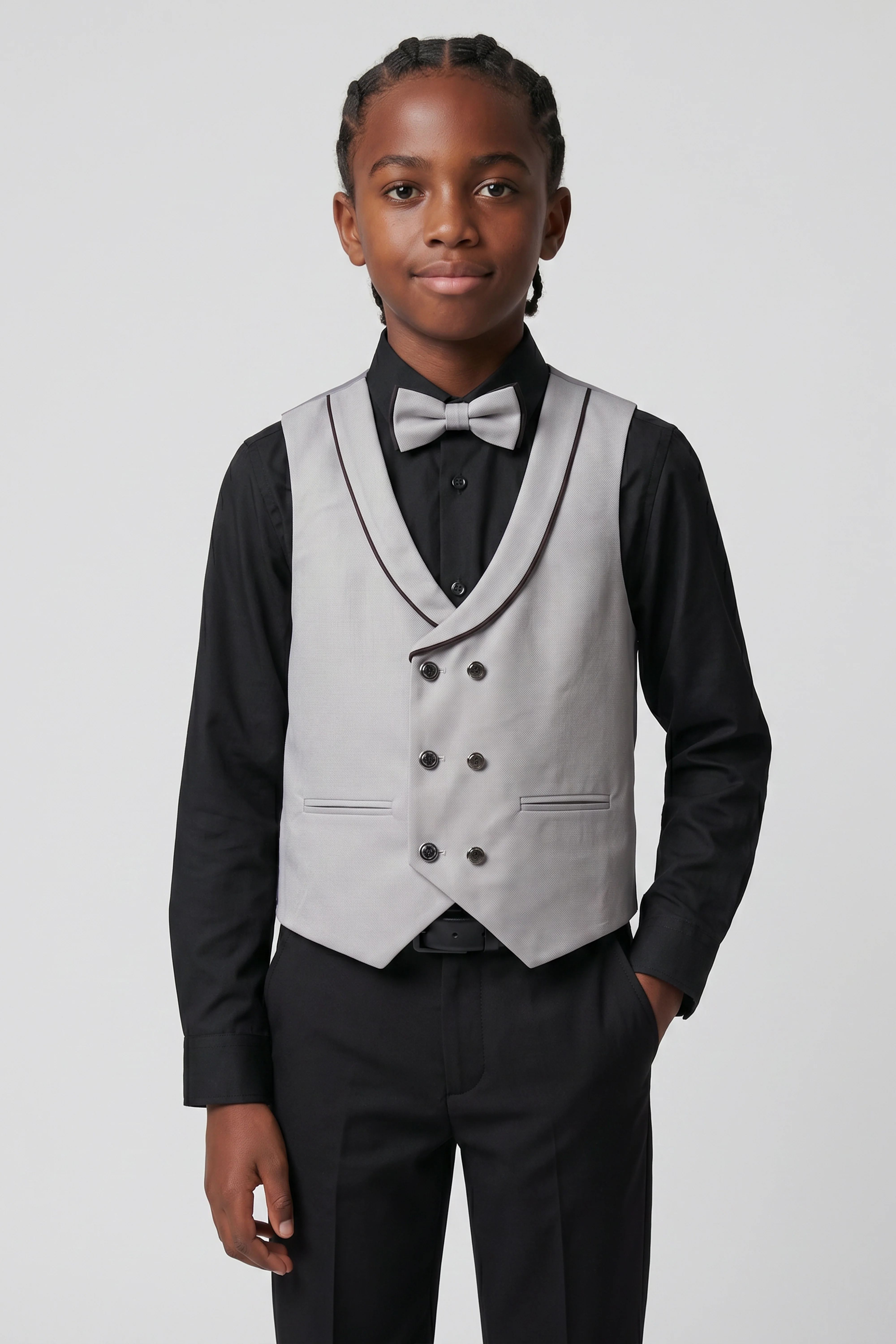 Boys’ 6-Piece Tuxedo Dinner Suit with Double Breasted Waistcoat - DAMATLIK - Grey - Image 3