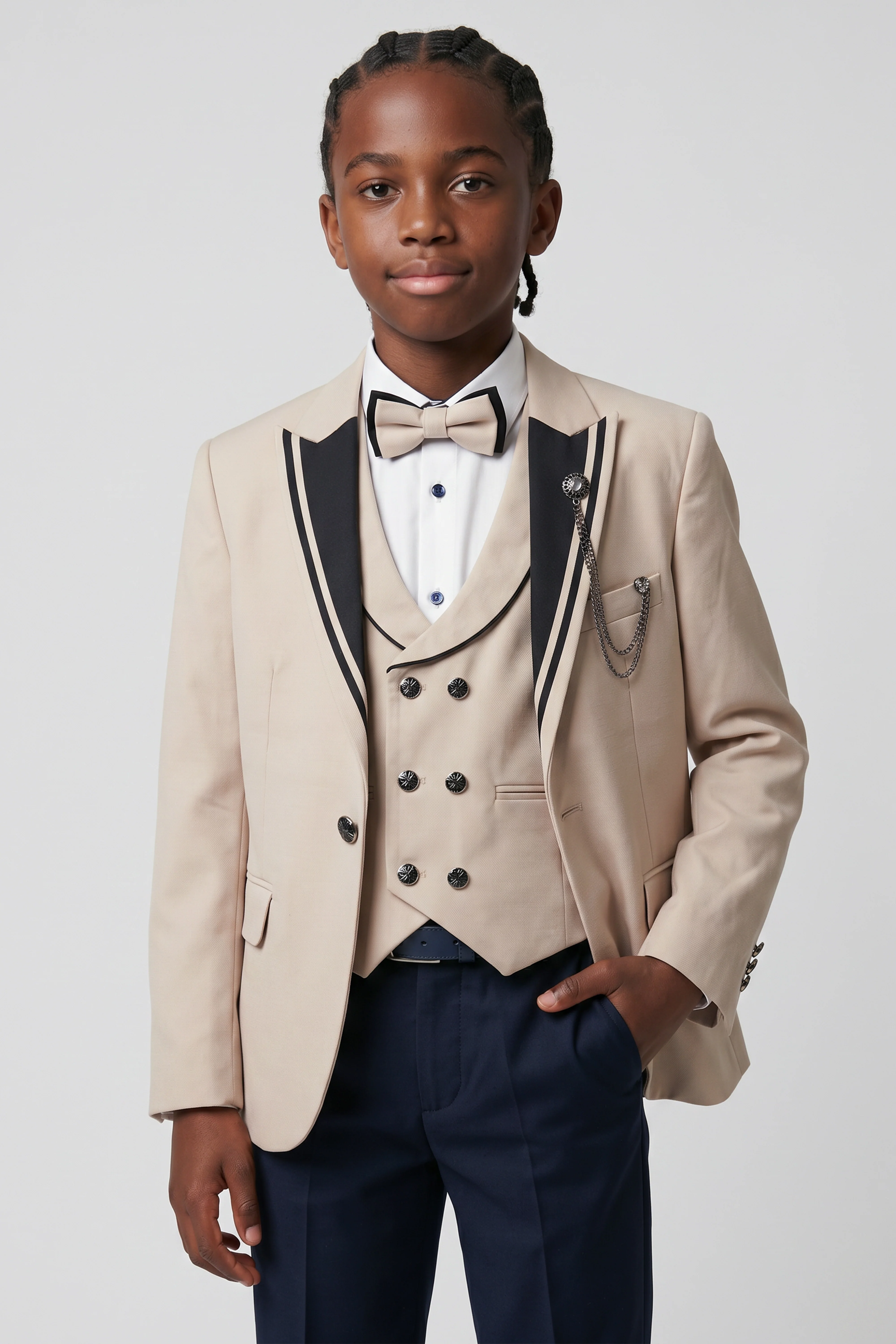 Boys 6-Piece Tuxedo Dinner Suit with Double Breasted Waistcoat - DAMATLIK W - Camel Beige