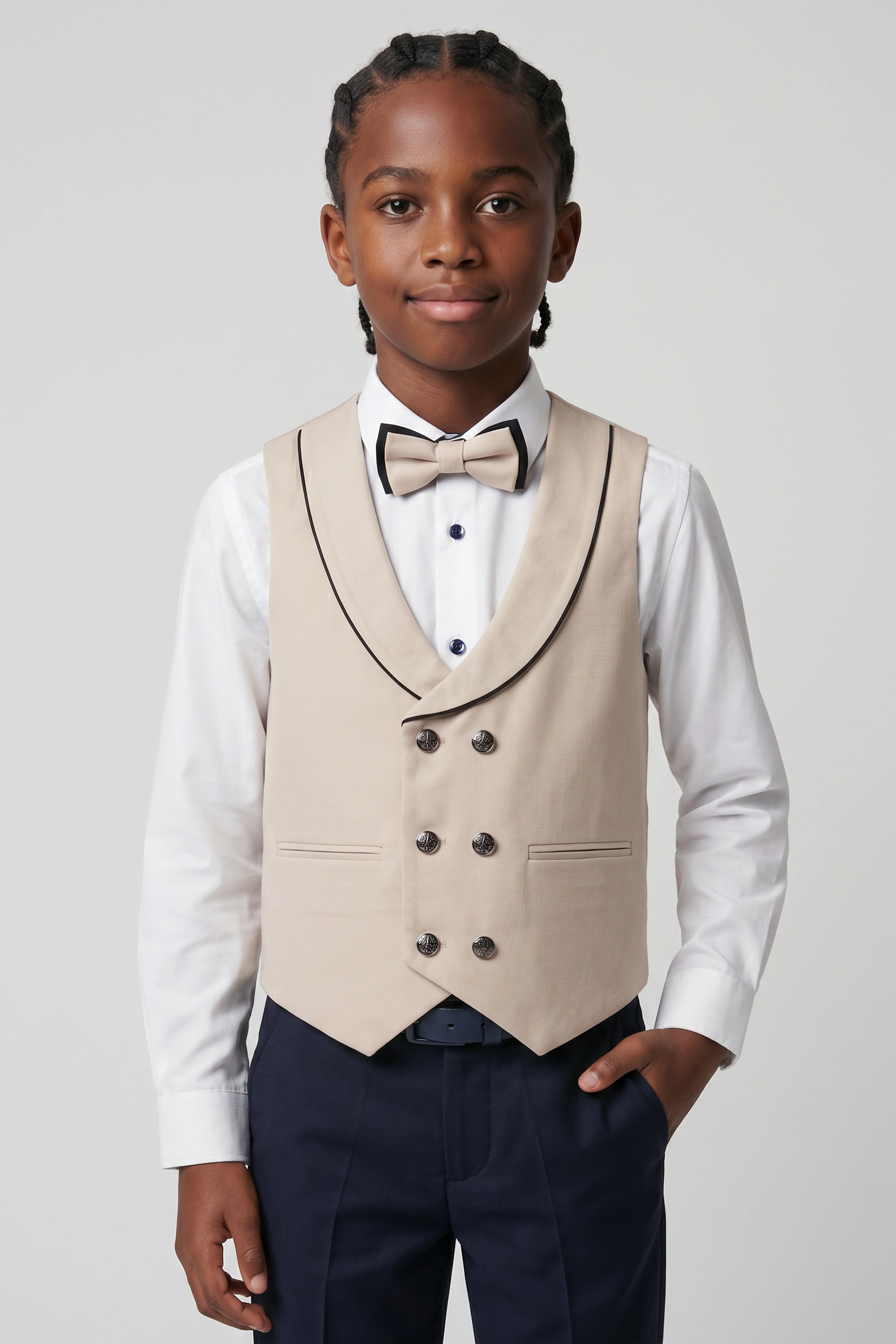 Boys 6-Piece Tuxedo Dinner Suit with Double Breasted Waistcoat - DAMATLIK W - Camel Beige - Image 3