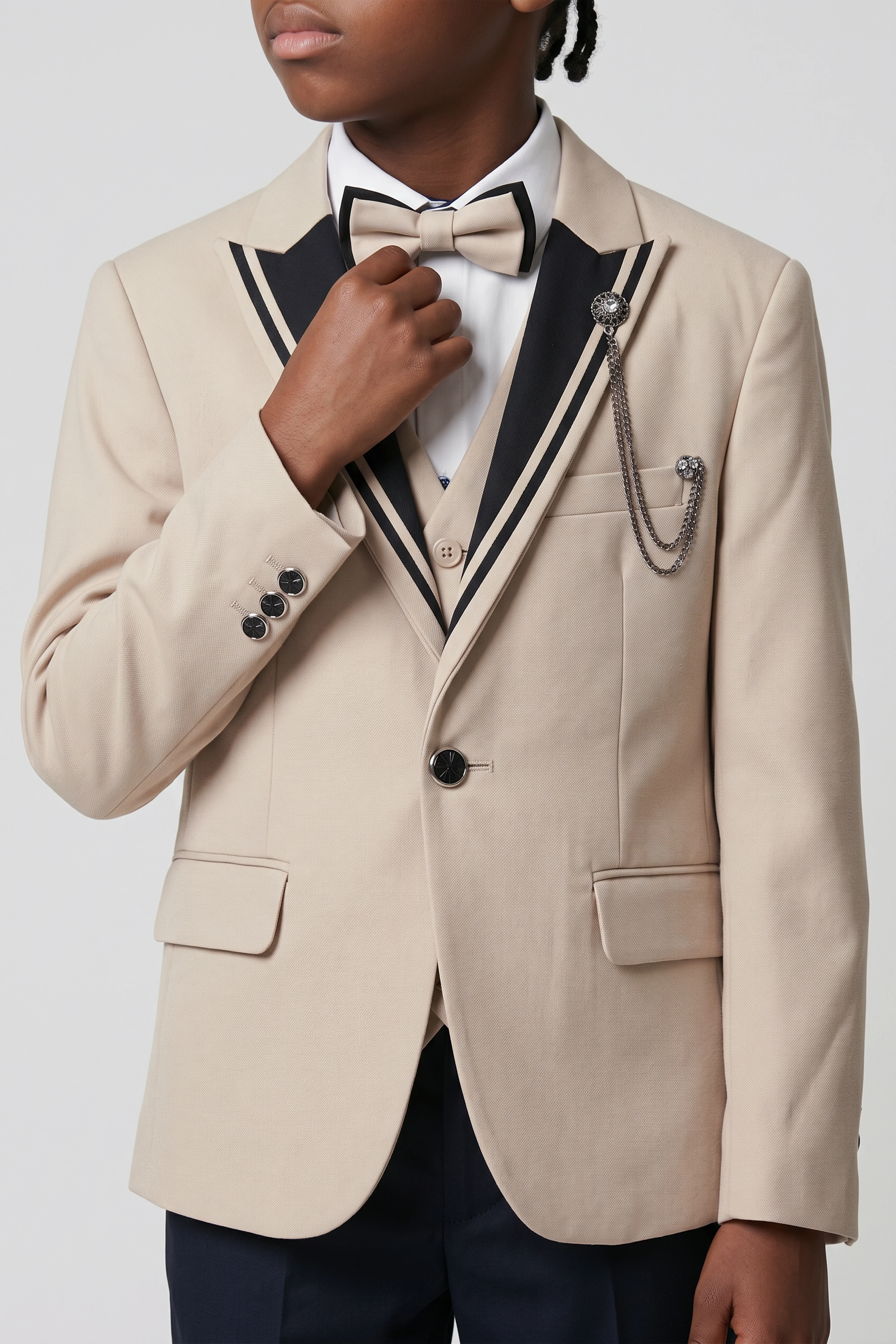 Boys 6-Piece Tuxedo Dinner Suit with Double Breasted Waistcoat - DAMATLIK W - Camel Beige - Image 6