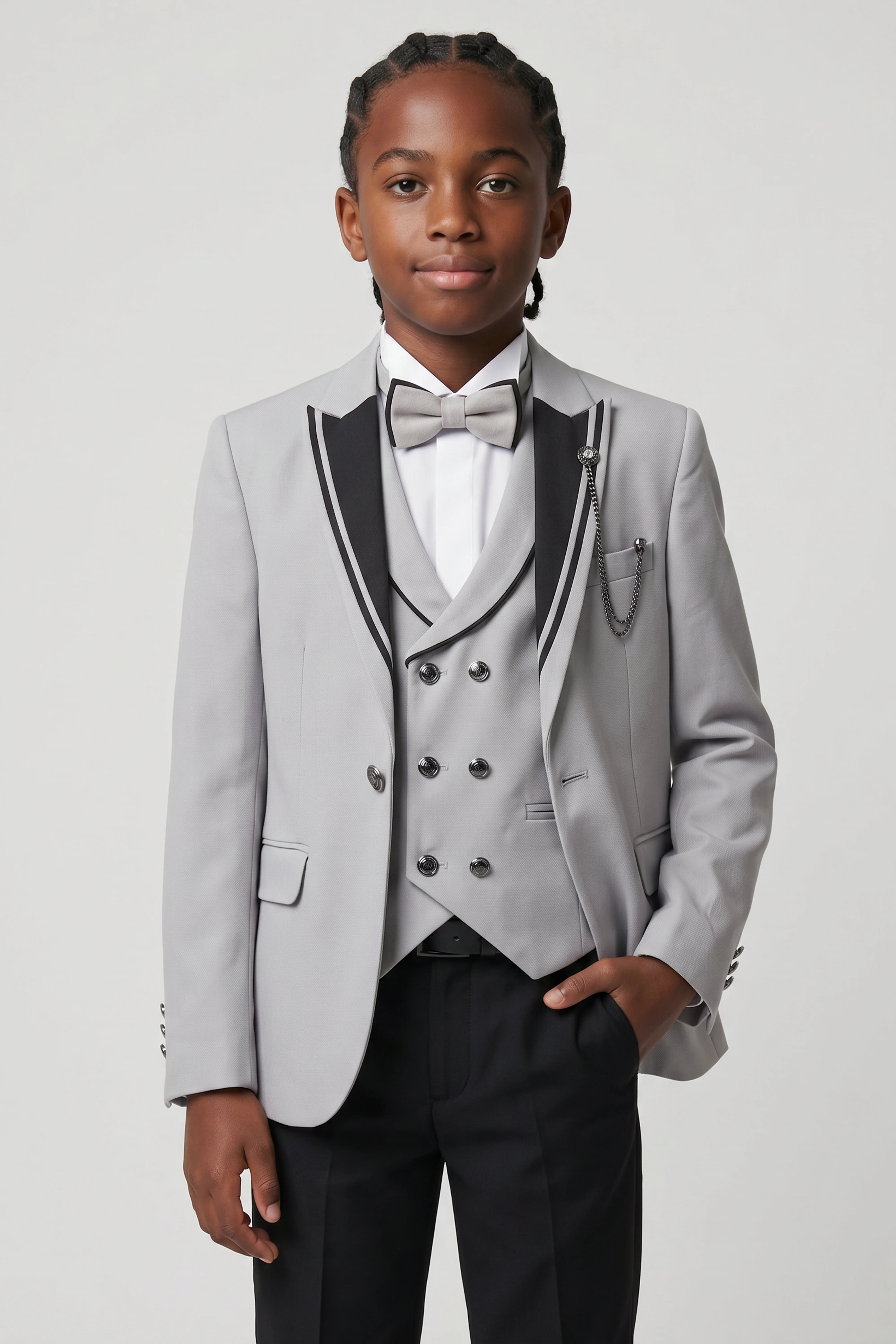 Boys 6-Piece Tuxedo Dinner Suit with Double Breasted Waistcoat - DAMATLIK W - Grey