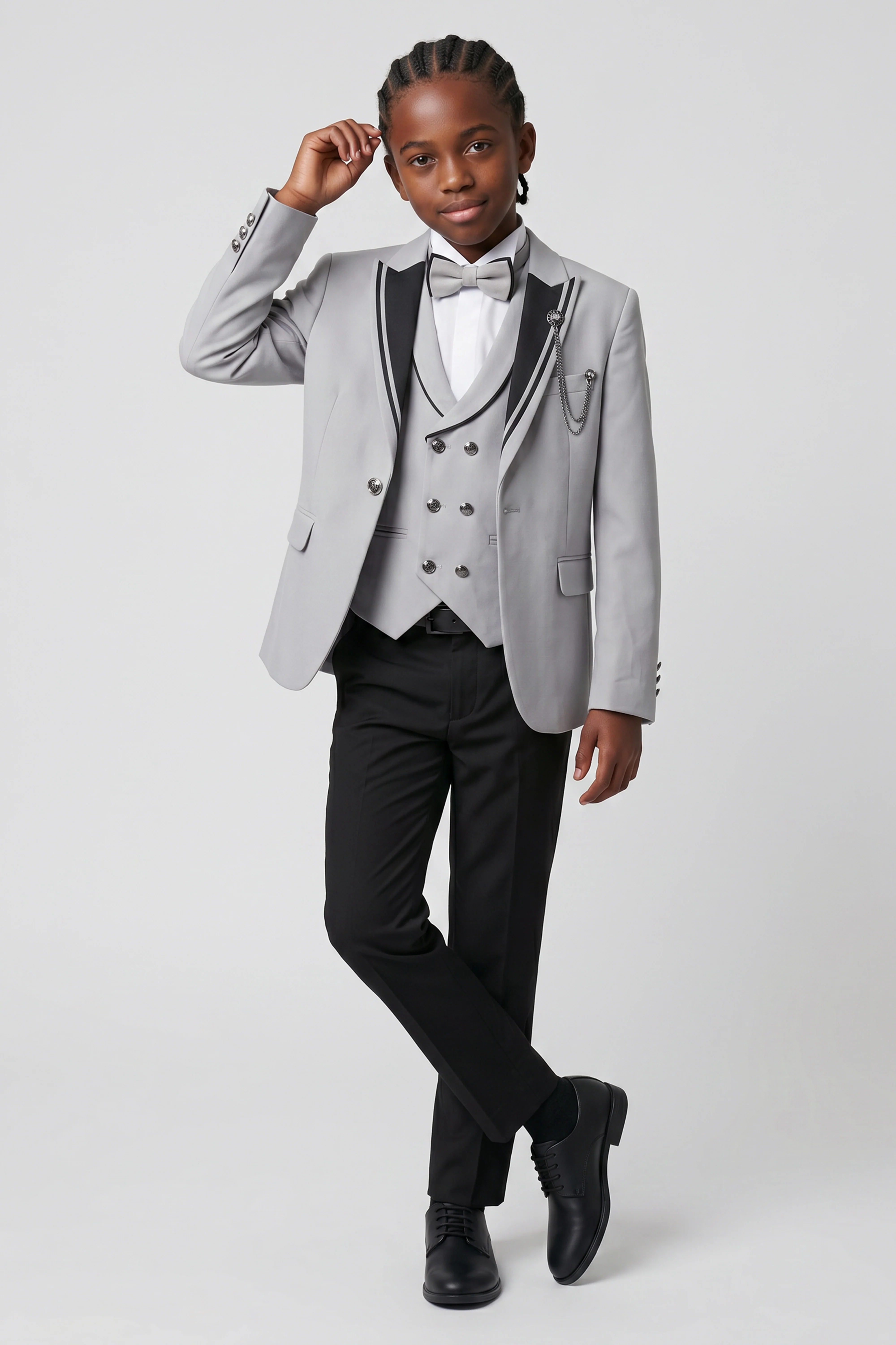 Boys 6-Piece Tuxedo Dinner Suit with Double Breasted Waistcoat - DAMATLIK W - Grey - Image 2