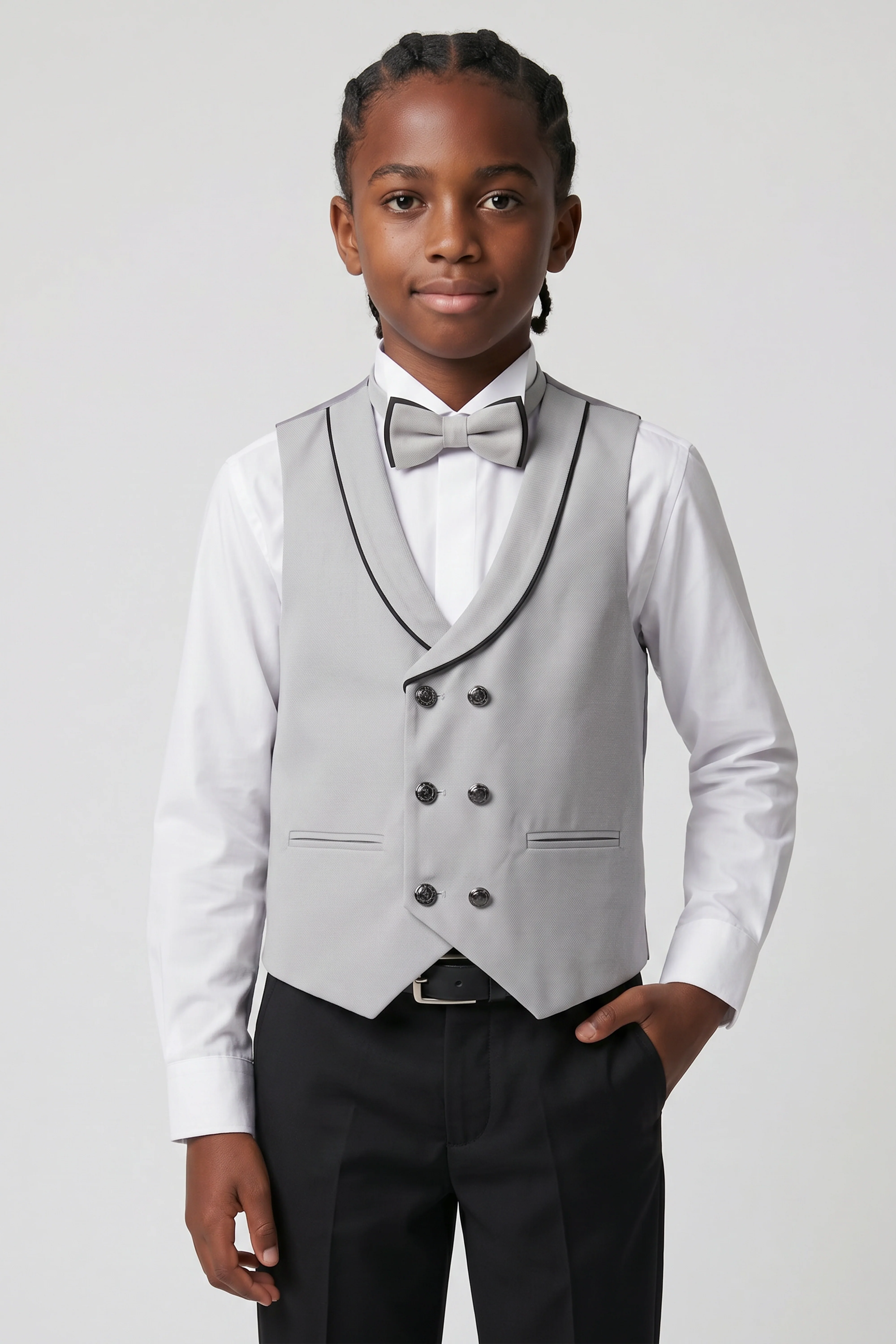 Boys 6-Piece Tuxedo Dinner Suit with Double Breasted Waistcoat - DAMATLIK W - Grey - Image 3