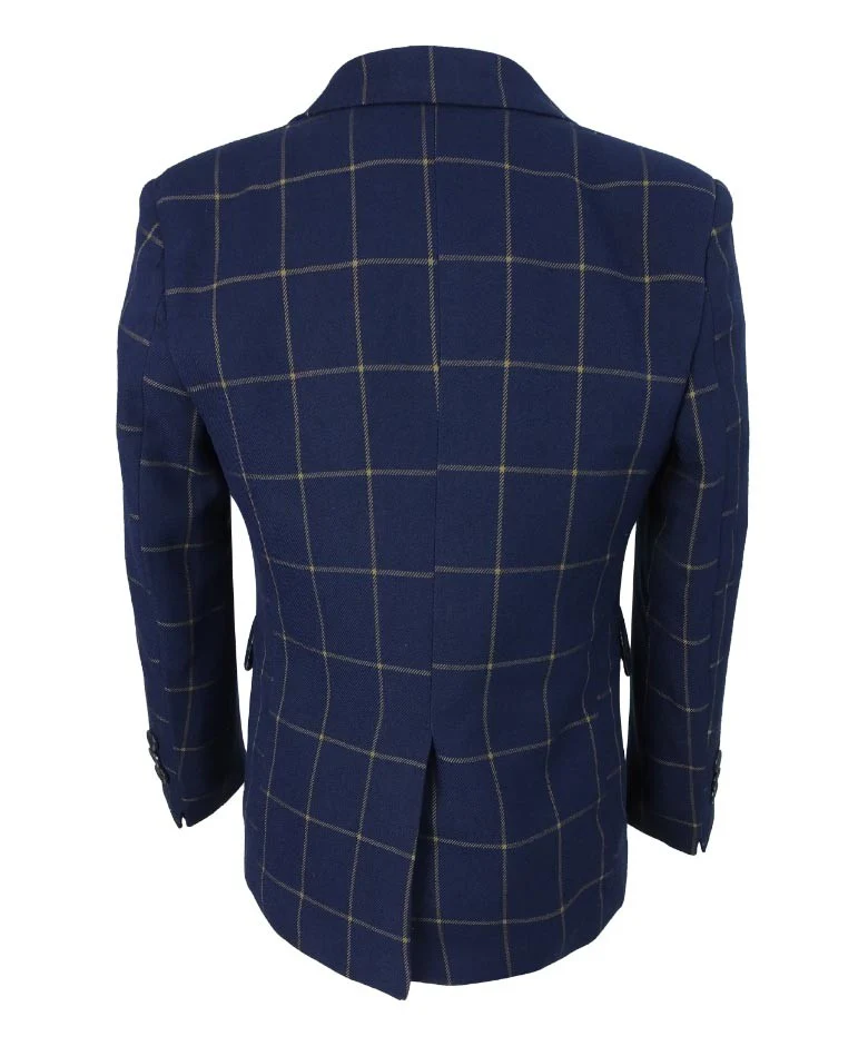Boys Windowpane Check Suit Set - Navy Blue - Gold - Image 4