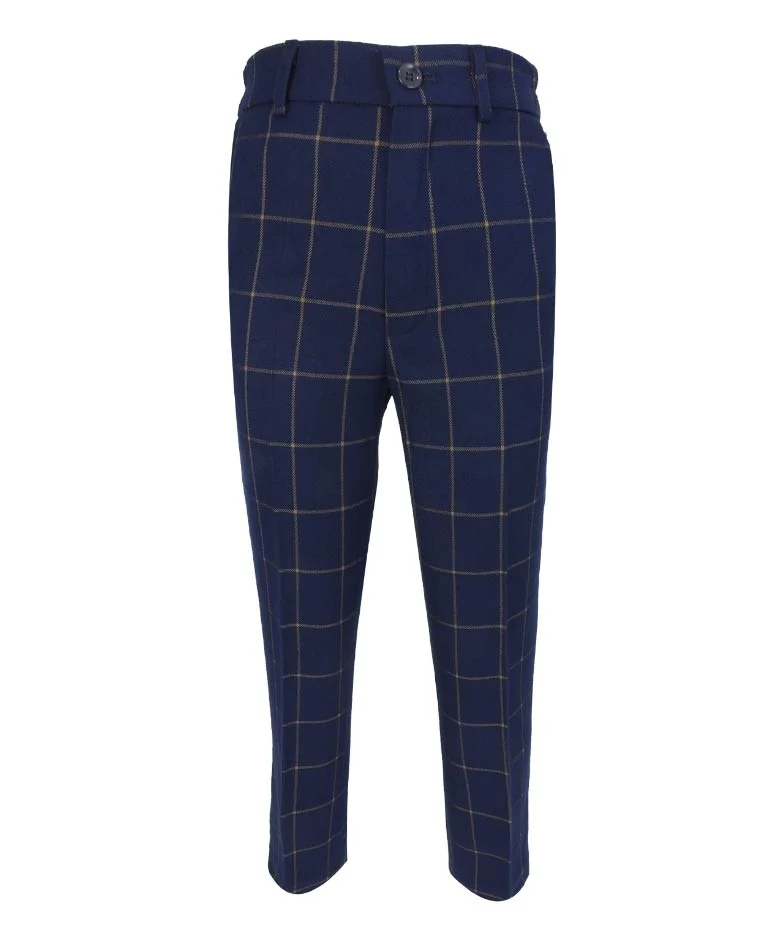 Boys Windowpane Check Suit Set - Navy Blue - Gold - Image 7