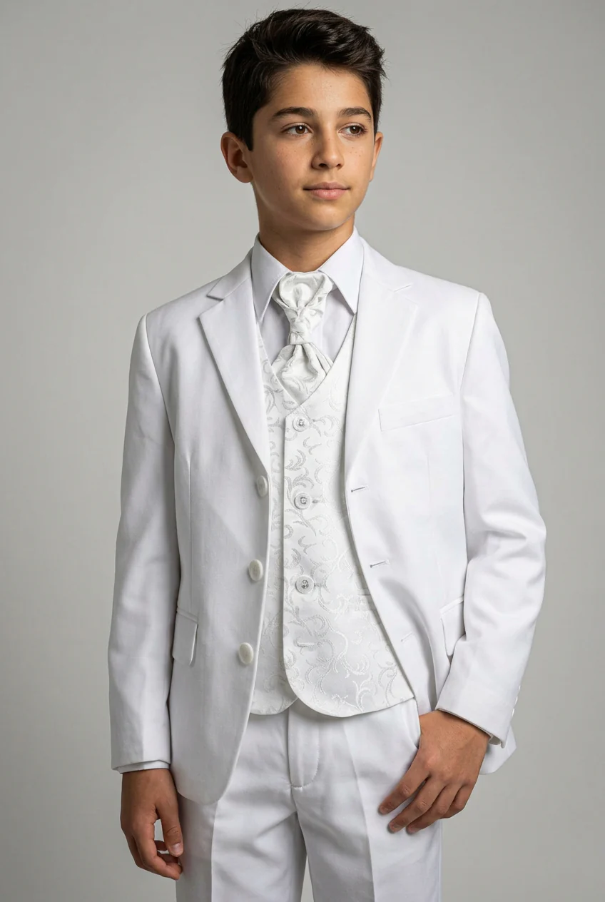 Boys All In One Communion Tailored Fit Suit - White - Image 3
