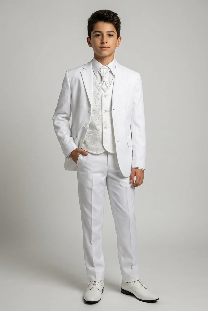 Boys All In One Communion Tailored Fit Suit - White - Image 4