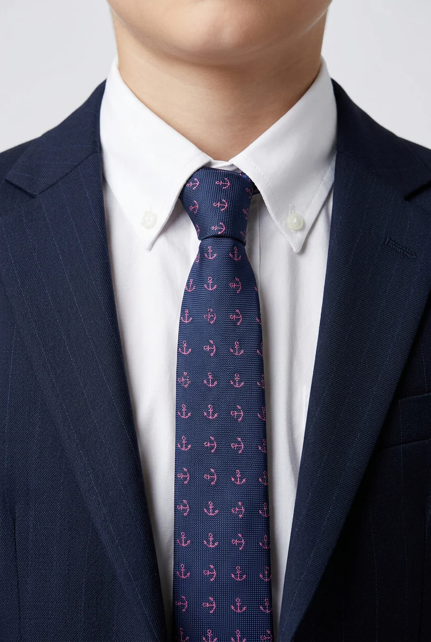 Boys Anchor Patterned Slim Tie - Navy & Purple - Image 3