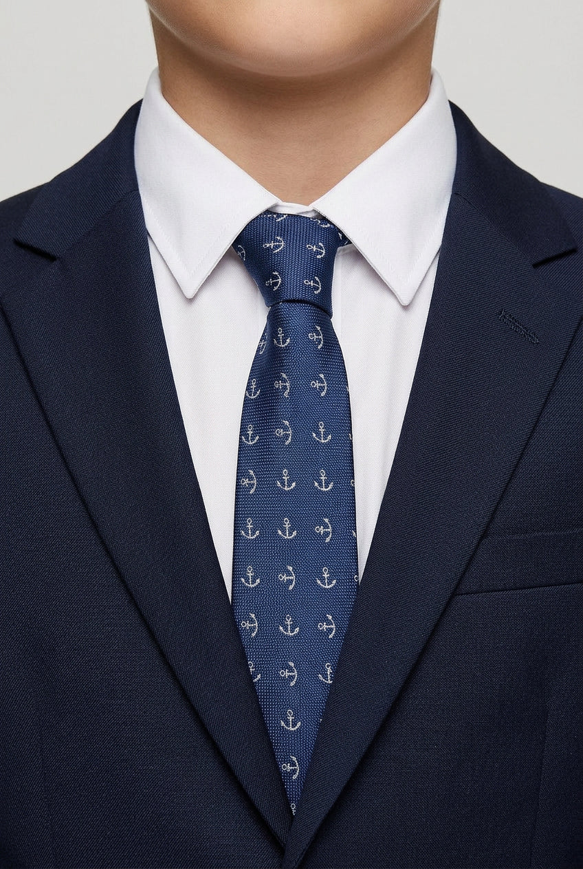 Boys Anchor Patterned Slim Tie - Navy & White - Image 3