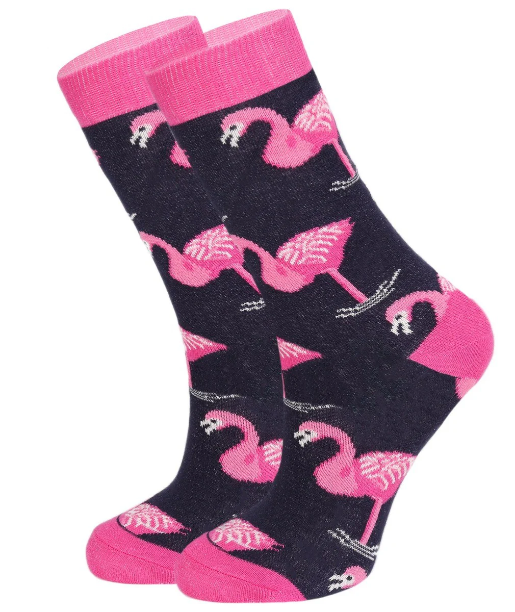 Unisex Kids Flamingo Socks - Novelty - Navy Blue - Pink - Image 2