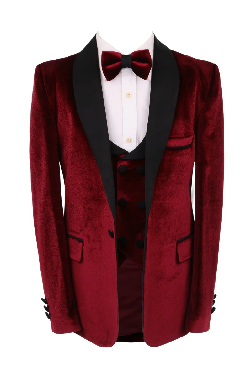 Boys Velvet Tuxedo 5 Piece Dinner Suit - Burgundy and Black