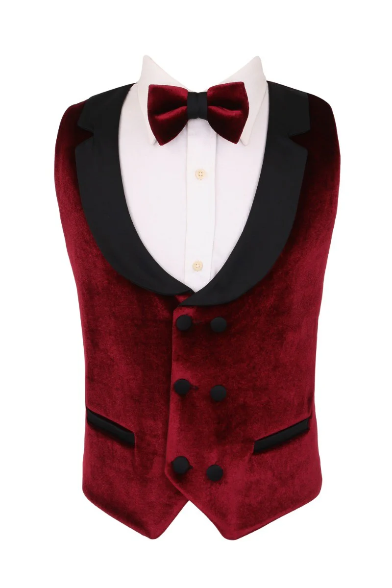 Boys Velvet Tuxedo 5 Piece Dinner Suit - Burgundy and Black - Image 4