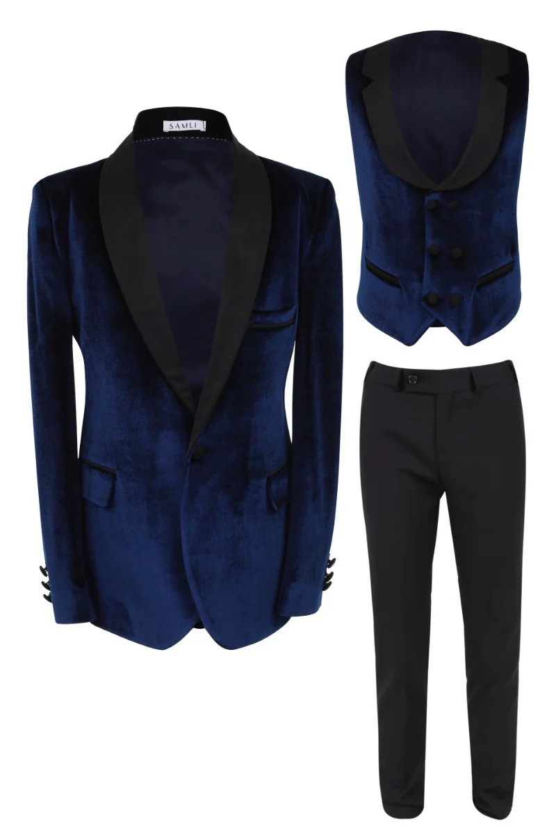 Boys Velvet Tuxedo 5 Piece Dinner Suit - Navy Blue and Black - Image 6
