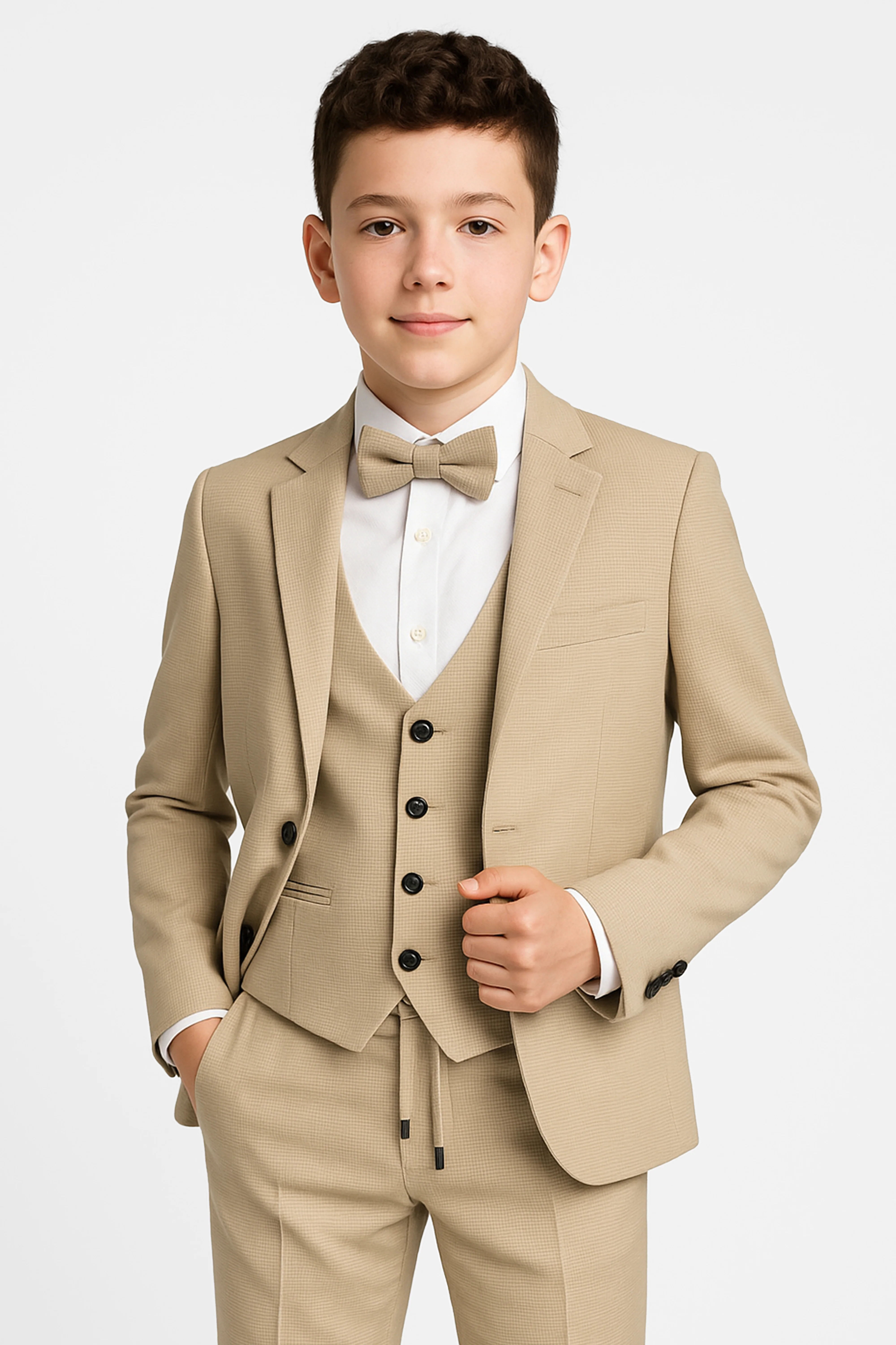 Boys’ Beige 5-Piece Textured Weave Formal Suit - Safir