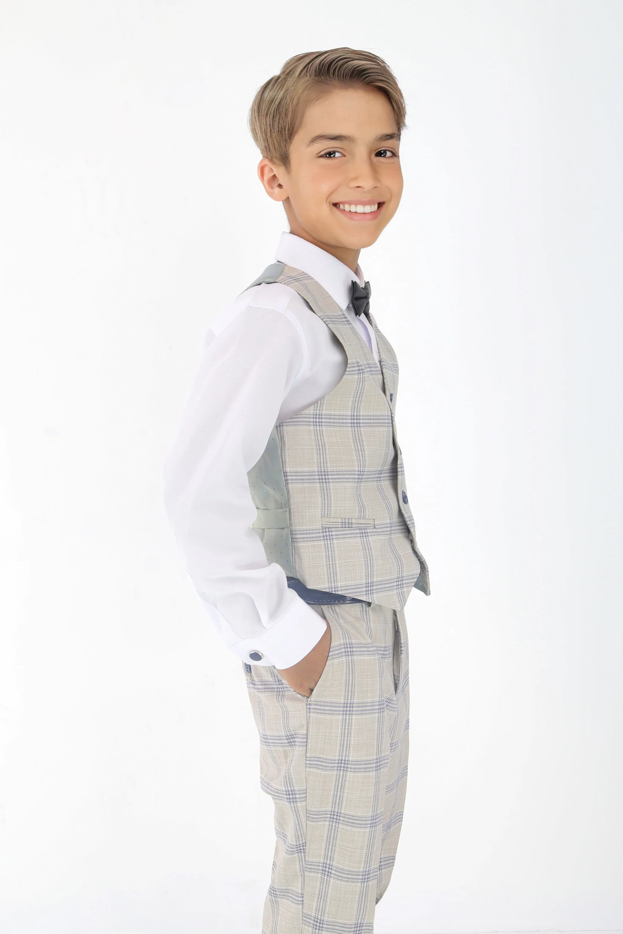 Boys Beige & Blue Plaid Check Suit - Beige - Blue - Image 9