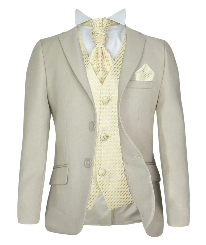 Boys Beige Suit with Patterned Waistcoat and Cravat Set - Beige - Gold