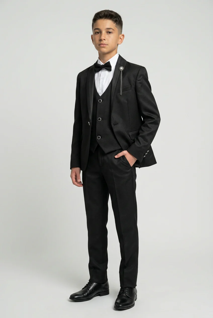 Boys Black 6-Piece Textured Tuxedo Suit - BIYELI - Image 2