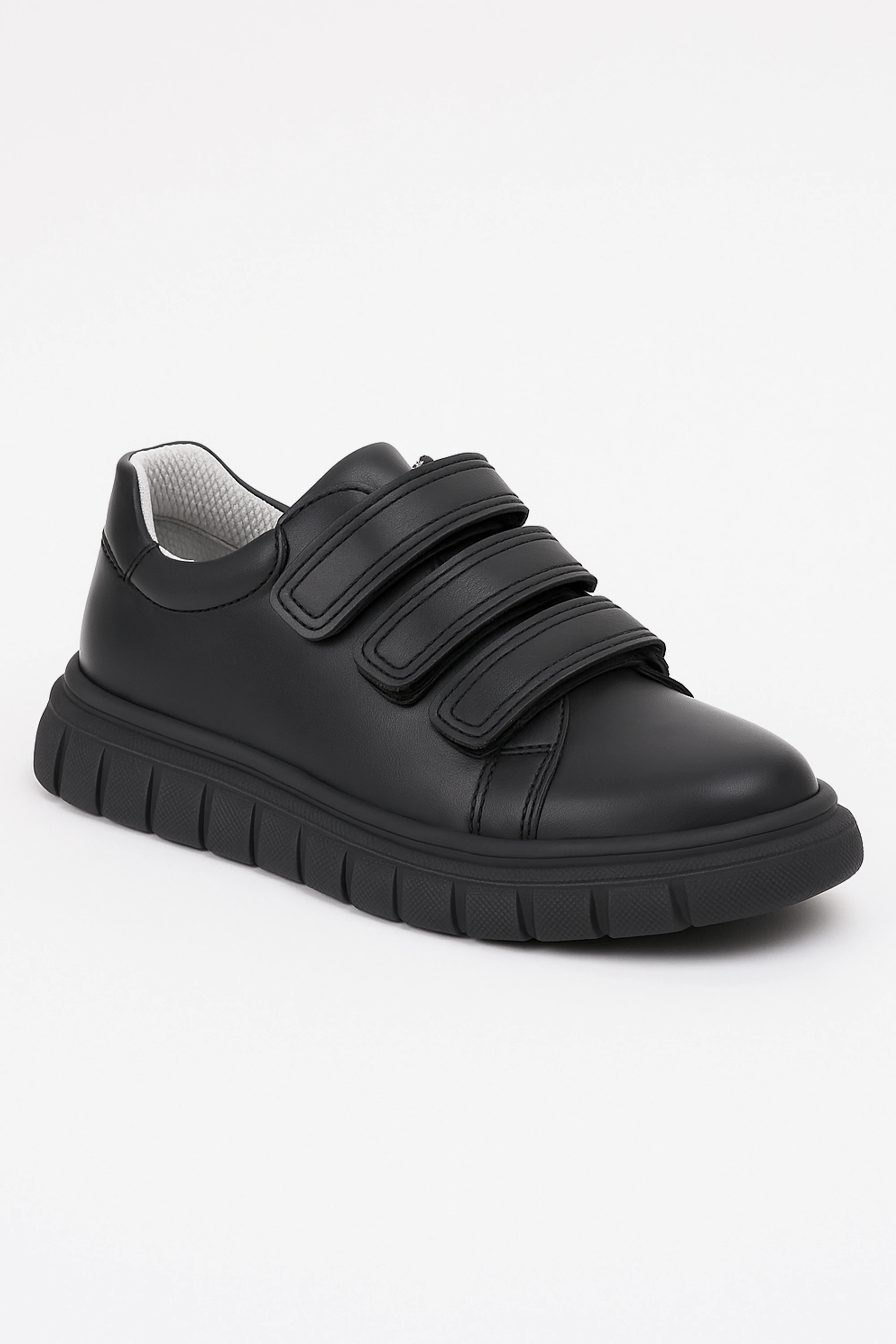Boys Black Leather School Trainer Shoes with Triple Strap Closure - 4003 - Black