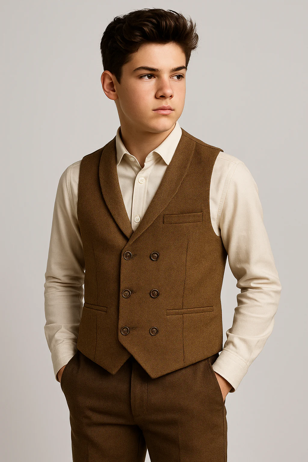 Boys Herringbone Double-breasted Waistcoat - Tan Brown