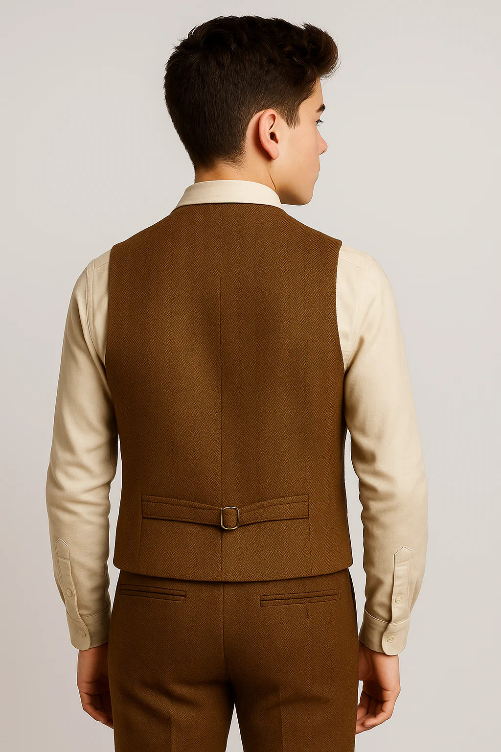 Boys Herringbone Double-breasted Waistcoat - Tan Brown - Image 2