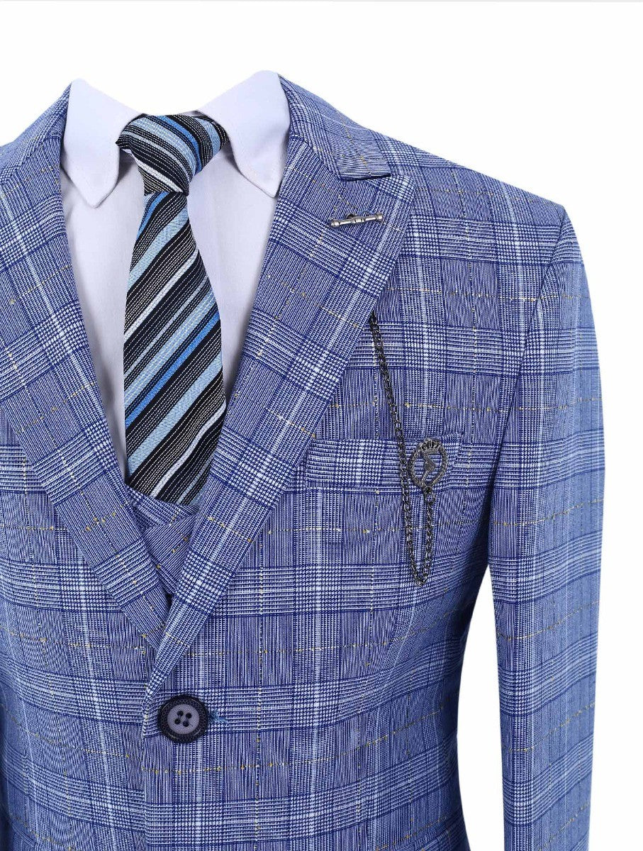 Boys Retro Check Slim Fit Suit - Light Blue - Image 2