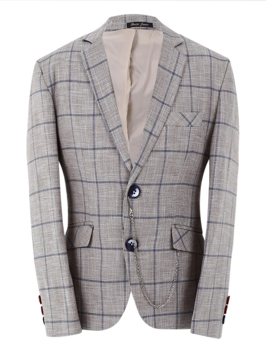 Boys Slim Fit Windowpane Check Suit - Beige - Image 2