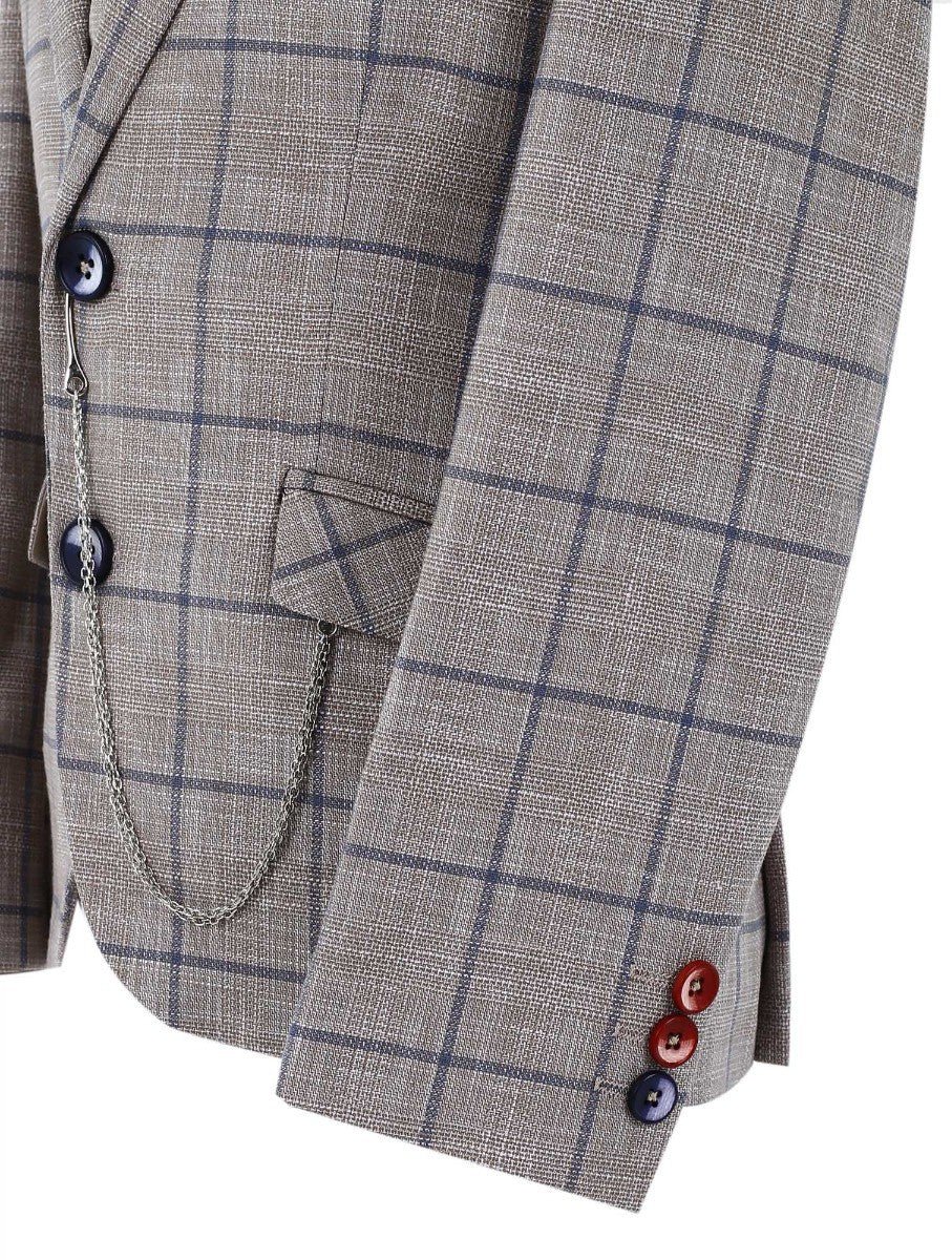Boys Slim Fit Windowpane Check Suit - Beige - Image 3