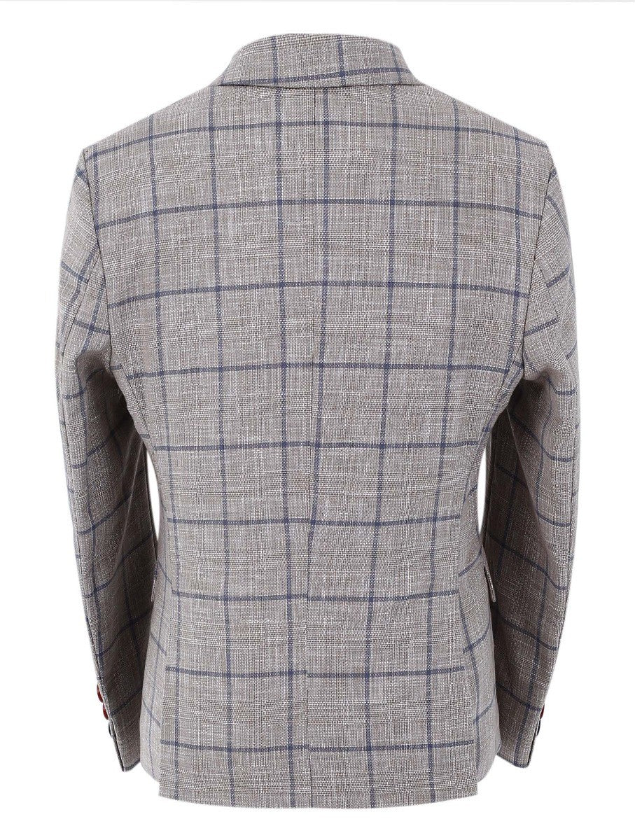 Boys Slim Fit Windowpane Check Suit - Beige - Image 4