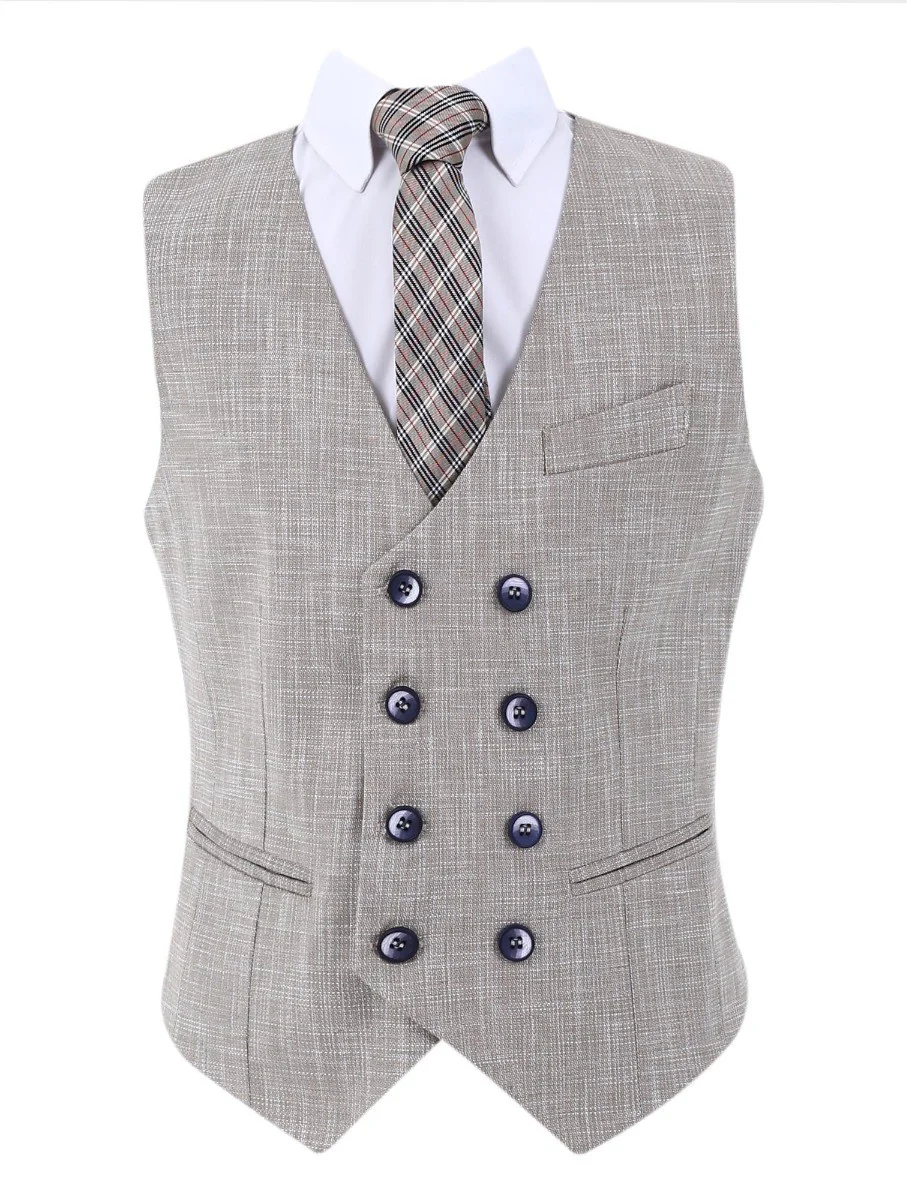 Boys Slim Fit Windowpane Check Suit - Beige - Image 5