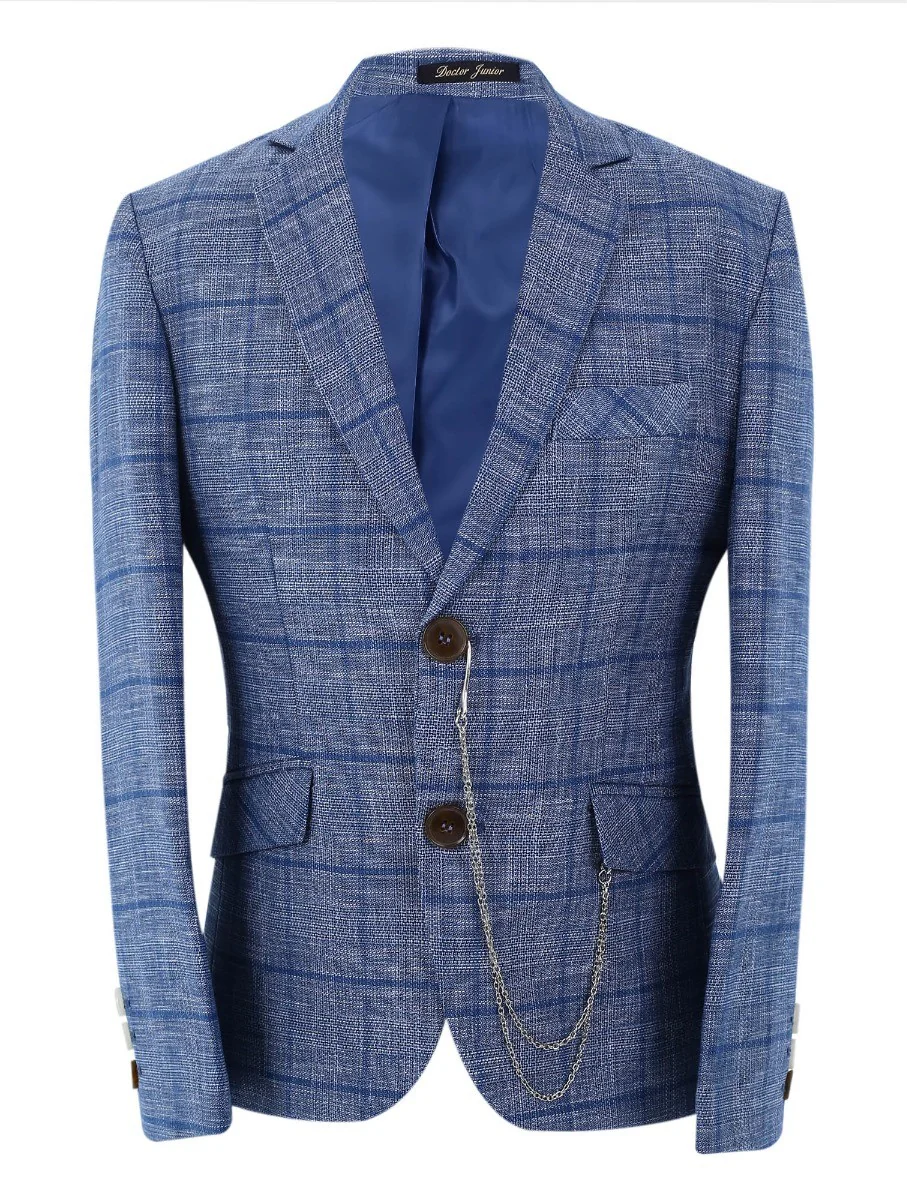 Boys Slim Fit Windowpane Check Suit - Blue - Image 2