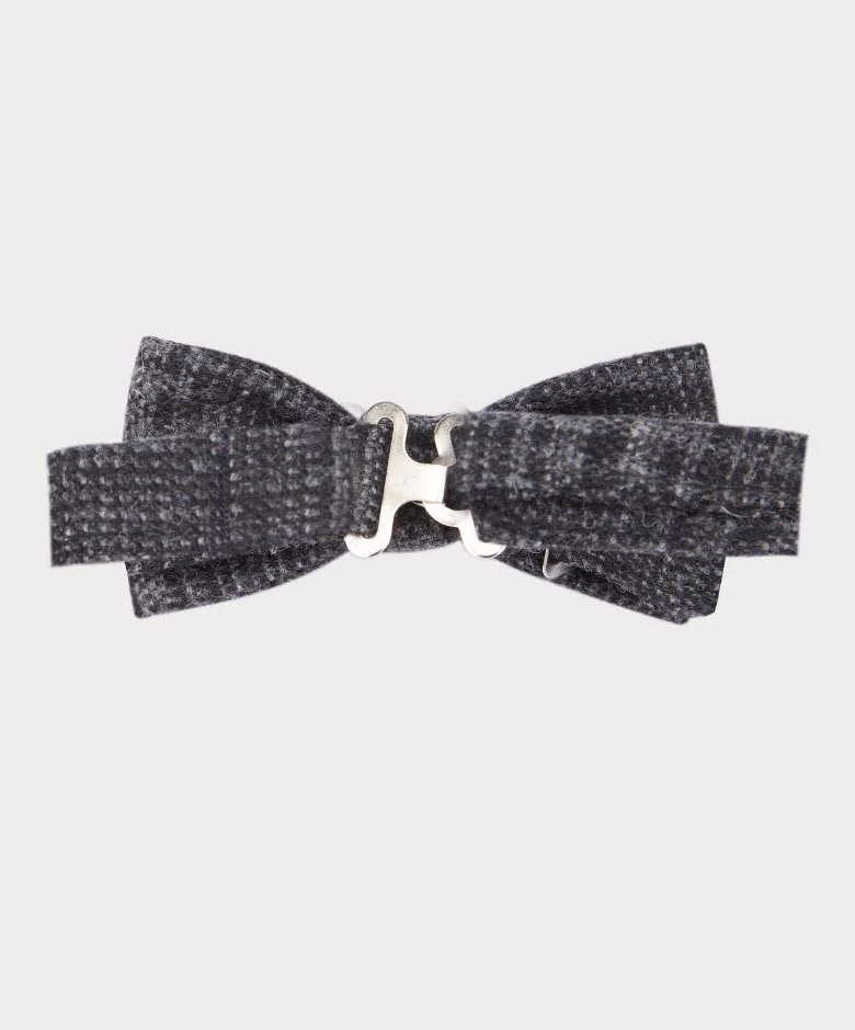 Boys Check Tweed Charcoal Grey Bow Tie and Hanky Set - Charcoal Grey - Image 3
