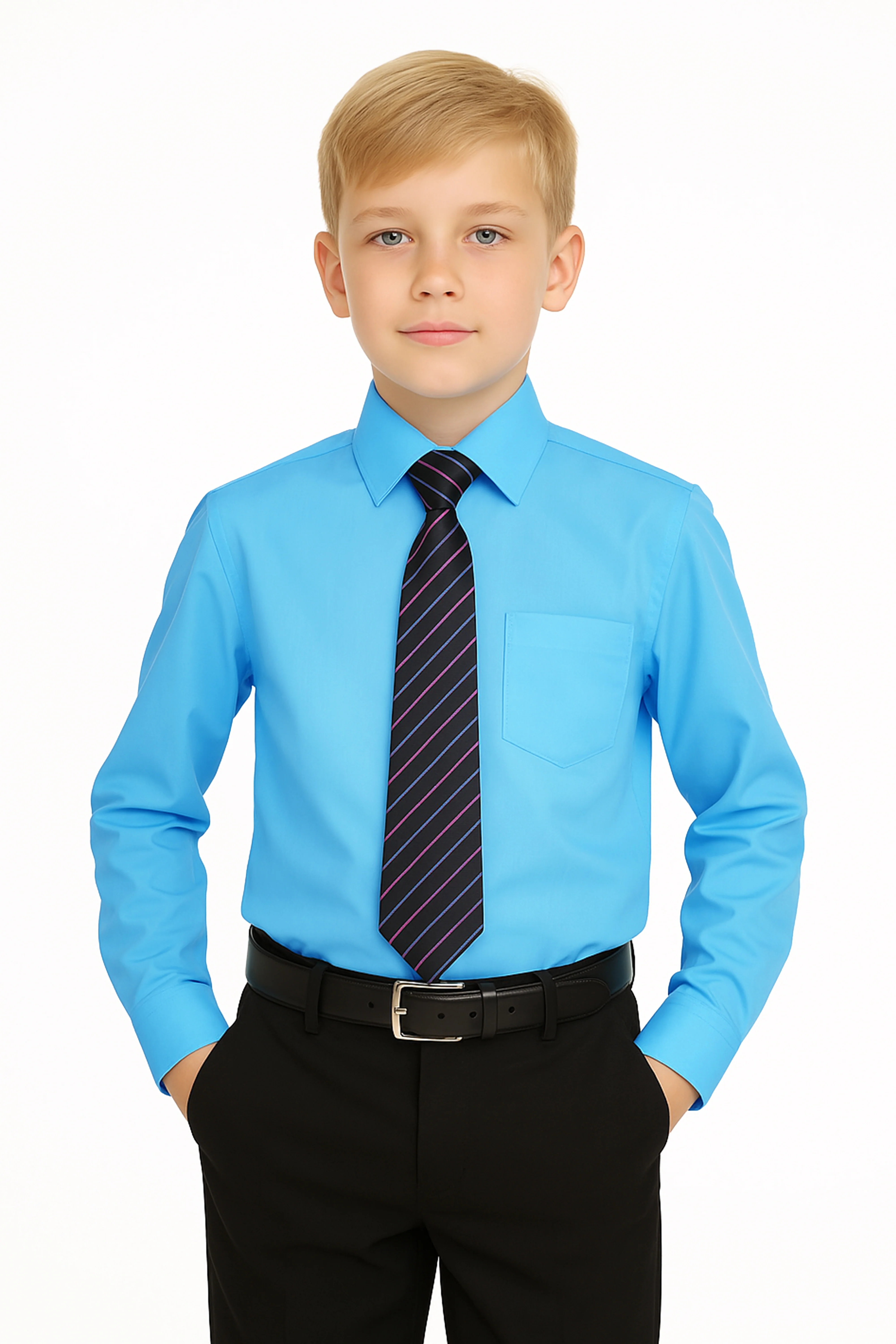 Boys Classic Collar Shirt & Tie Set - Aqua Blue