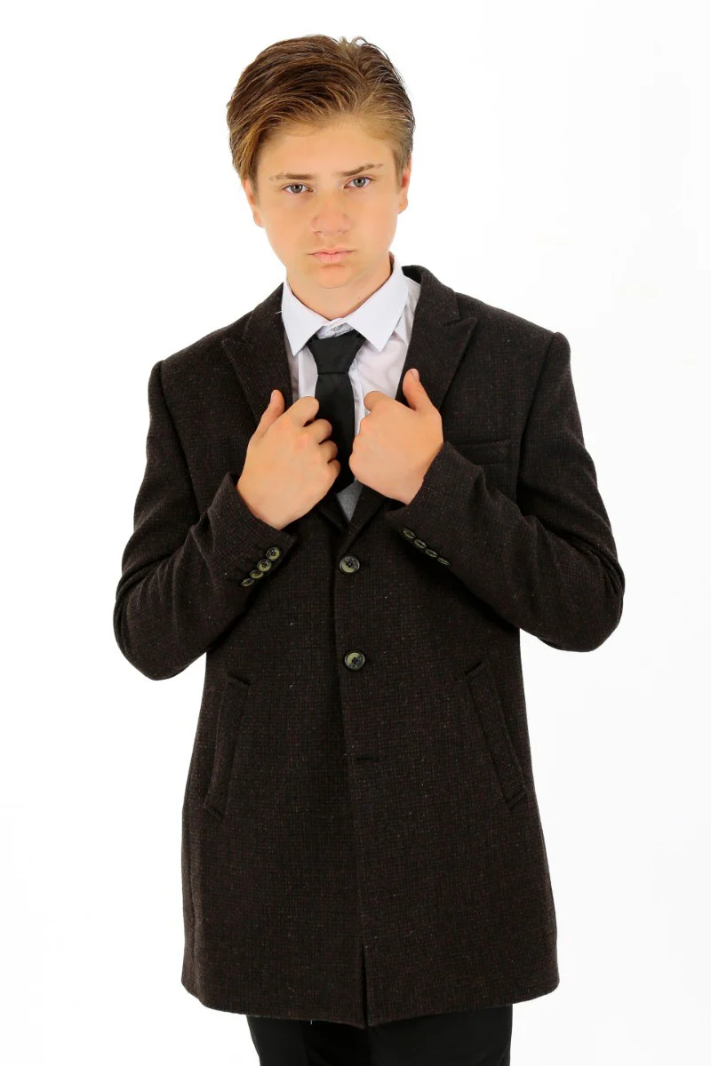 Boys Wool Tweed Patterned Midi Coat - Dark Brown - Image 7