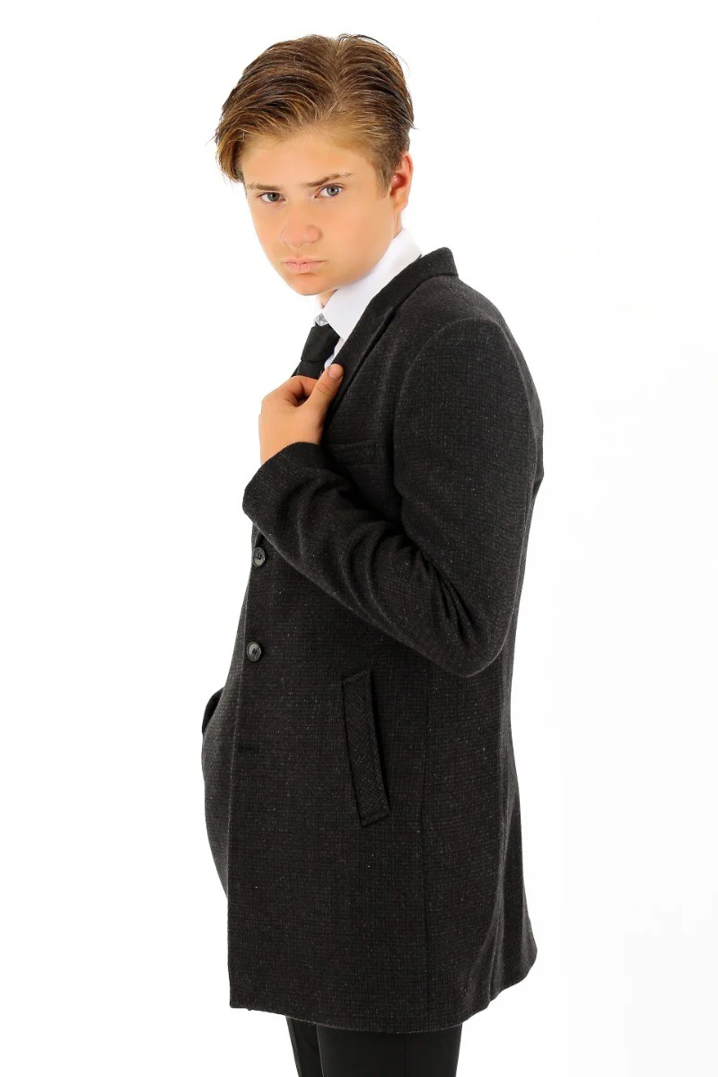 Boys Wool Tweed Patterned Midi Coat - Dark Brown and Black - Image 2