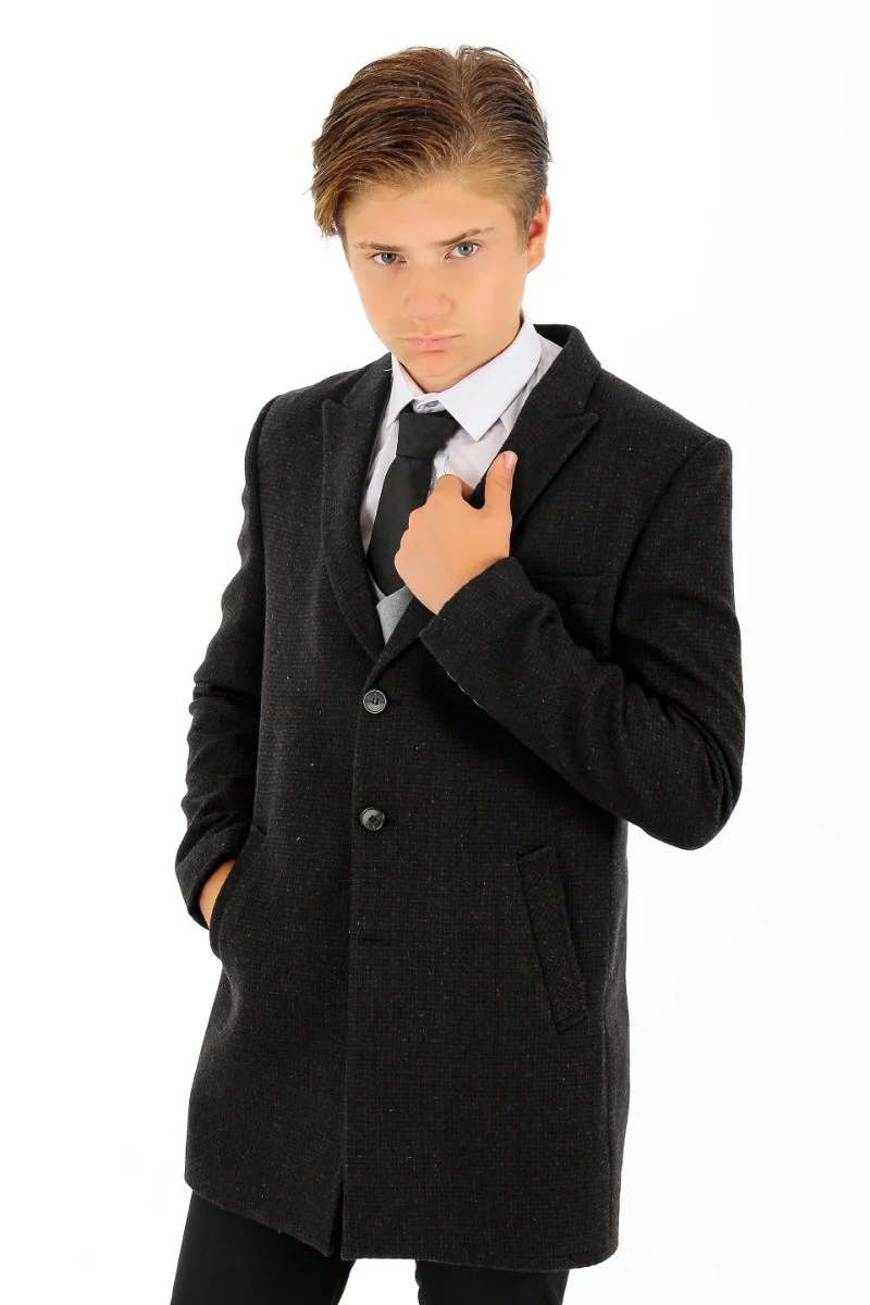 Boys Wool Tweed Patterned Midi Coat - Dark Brown and Black - Image 3