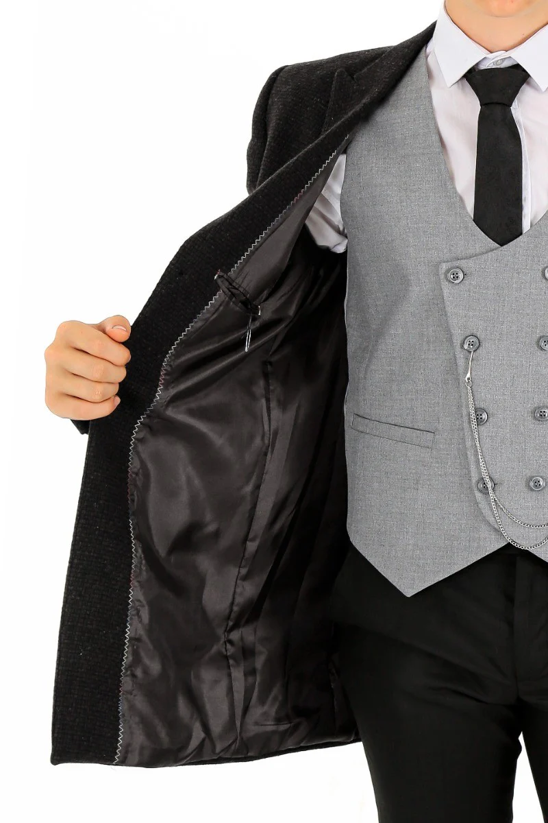 Boys Wool Tweed Patterned Midi Coat - Dark Brown and Black - Image 5