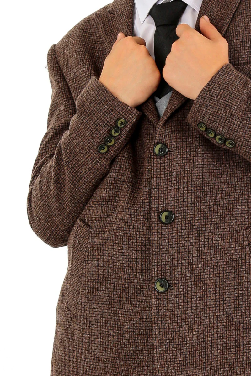 Boys Wool Tweed Patterned Midi Coat - Light Brown - Image 4