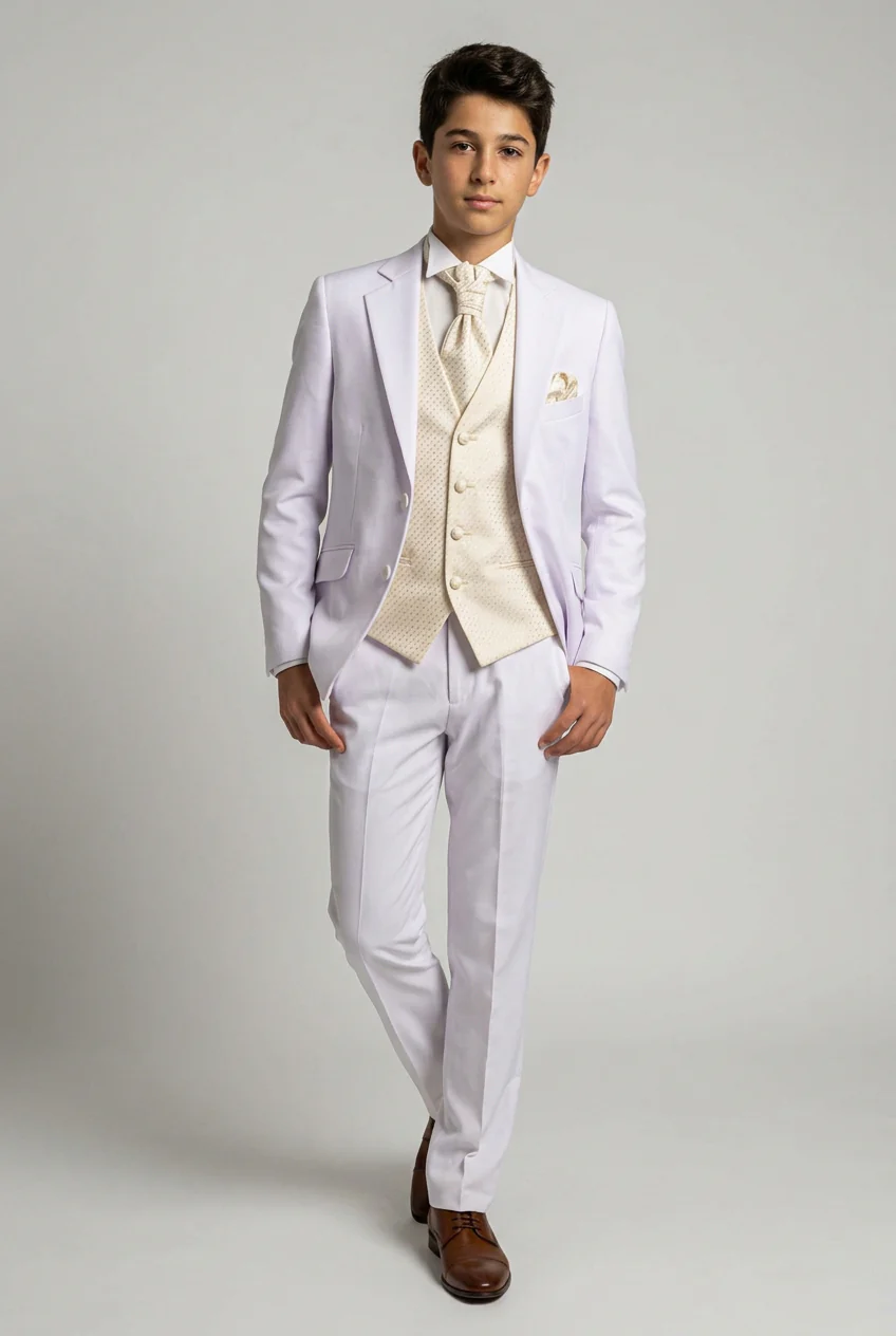 Boys 6 Piece Communion Tailored Fit Suit Set - Off White - Ivory - Image 2
