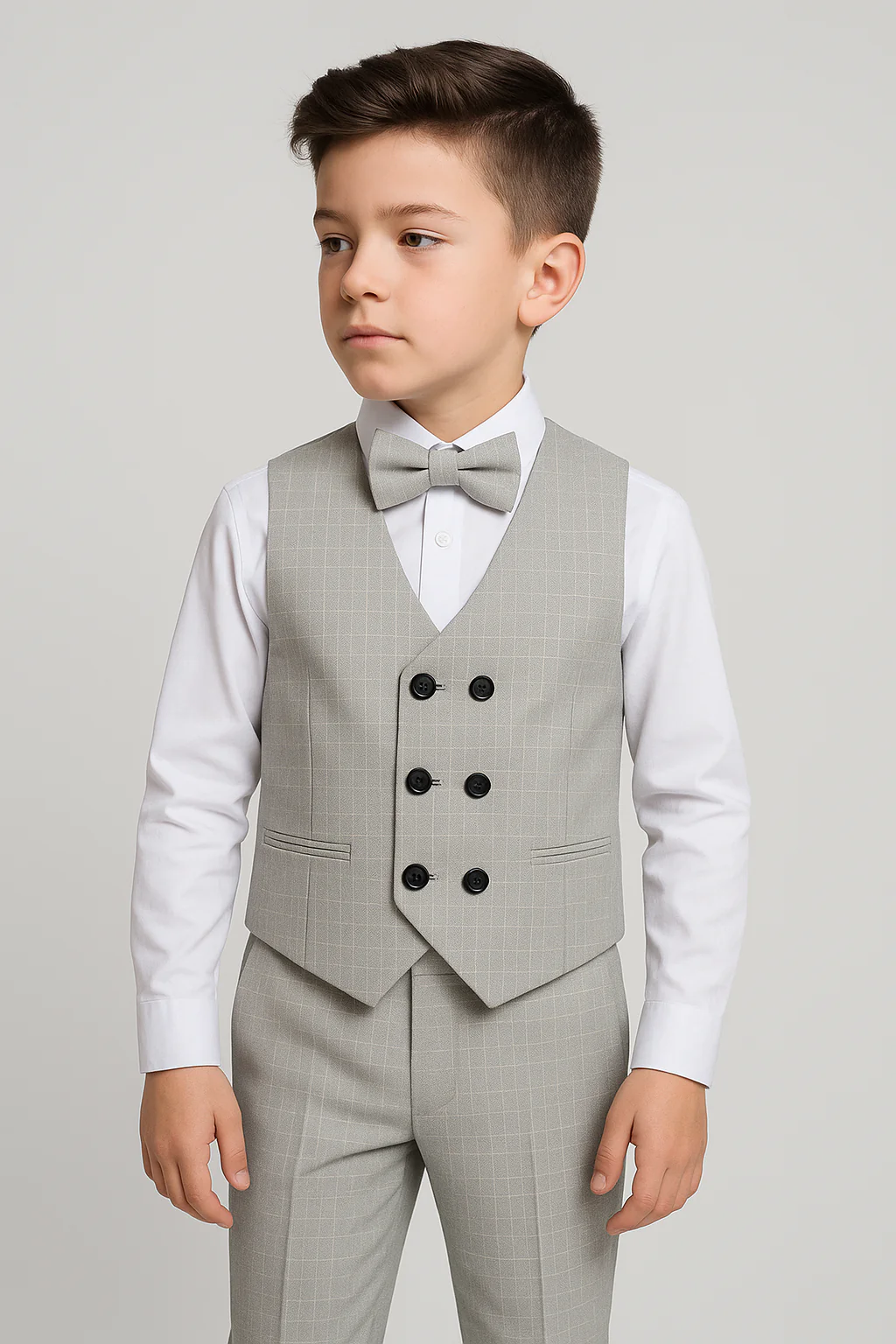 Boys Cotton 4-Piece Check Double Breasted Waistcoat Suit - Ekose- Light Grey