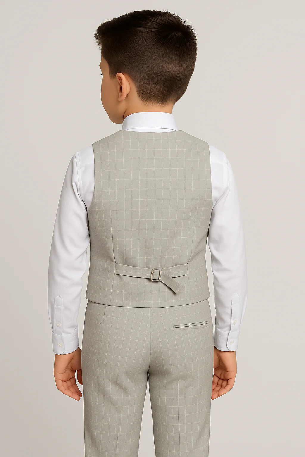 Boys Cotton 4-Piece Check Double Breasted Waistcoat Suit - Ekose- Light Grey - Image 2