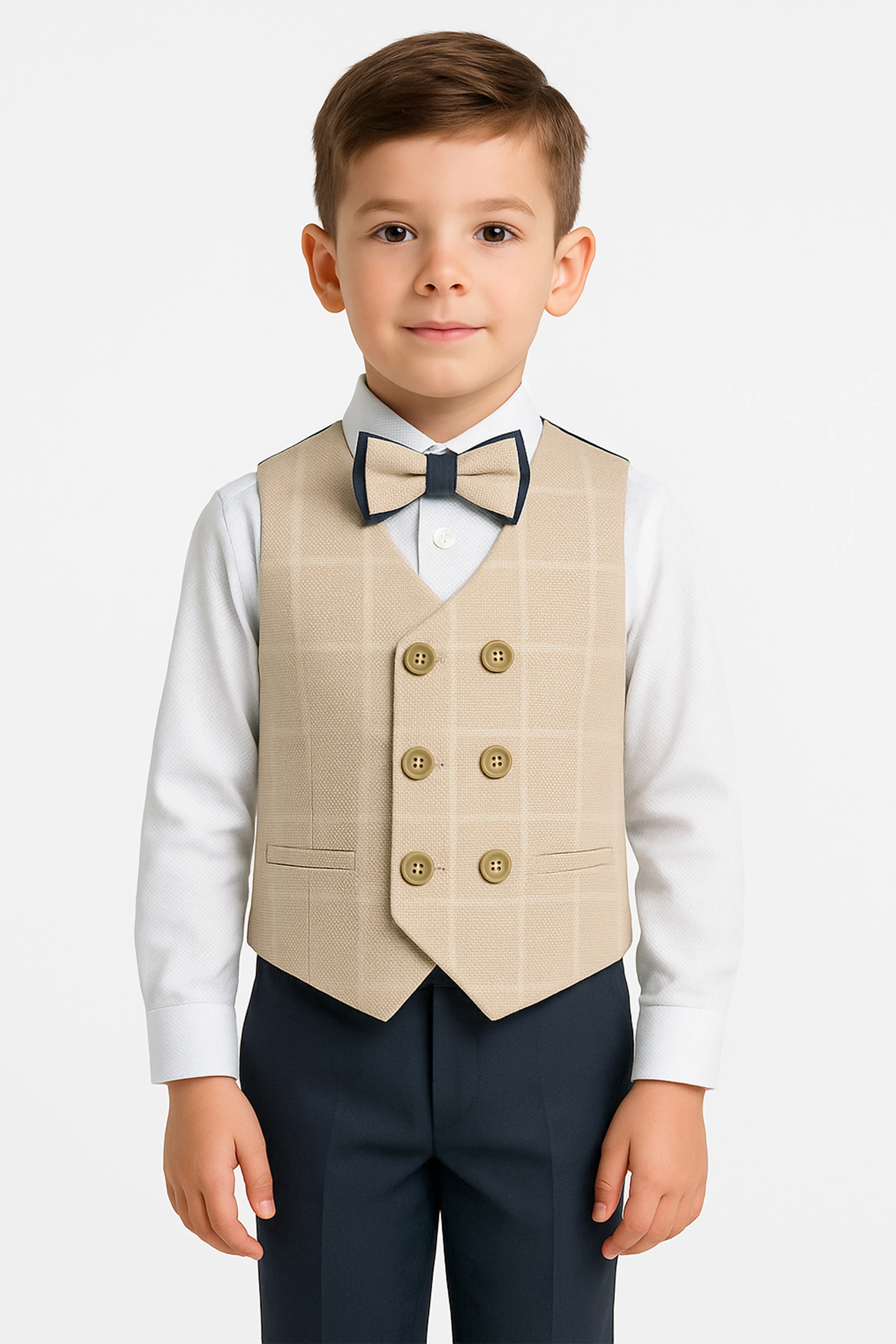 Boys Cotton 4-Piece Check Double Breasted Waistcoat Suit Set - Beige
