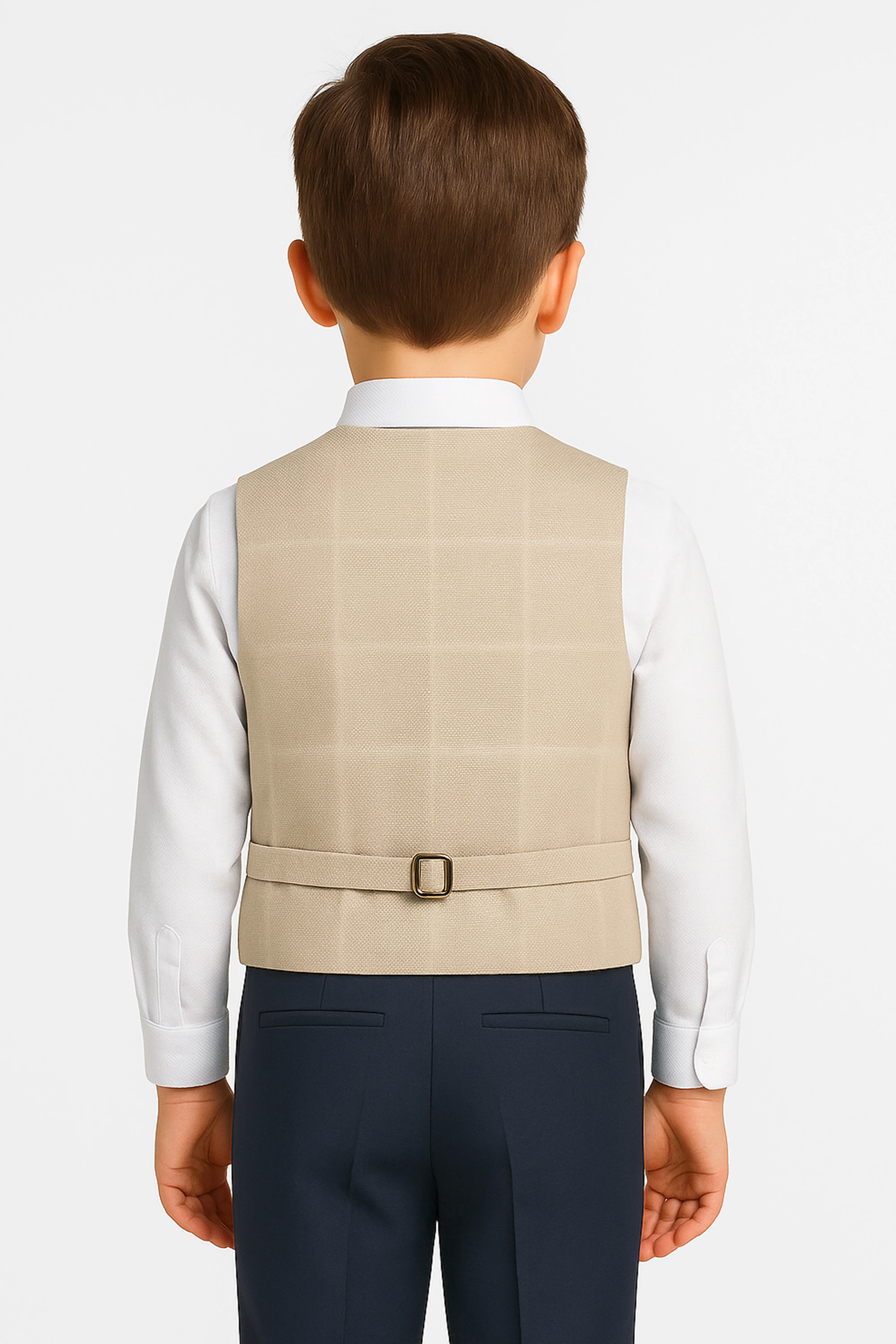 Boys Cotton 4-Piece Check Double Breasted Waistcoat Suit Set - Beige - Image 2