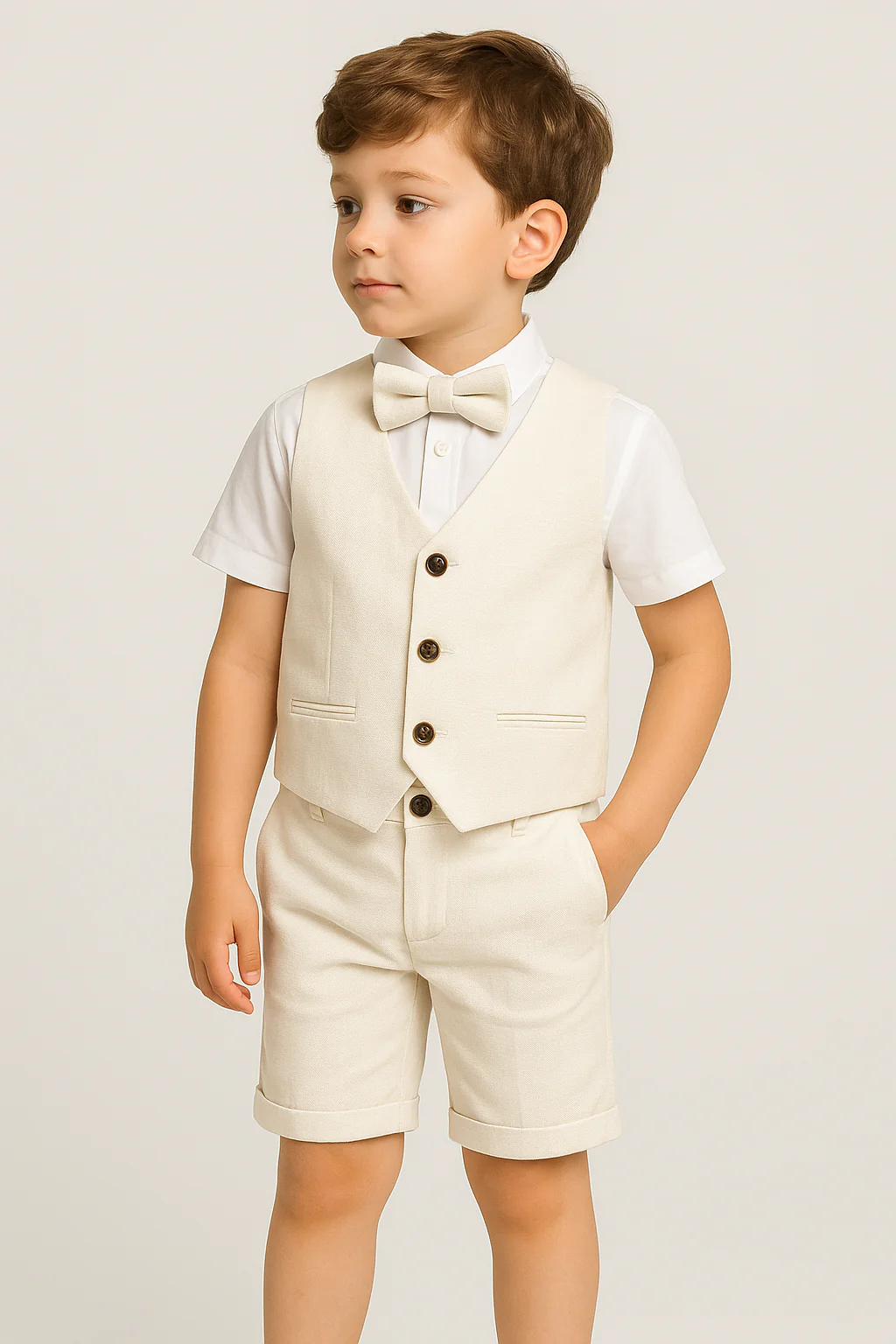 Boys Cotton 4-Piece Summer Waistcoat Shorts Suit Set - Cream