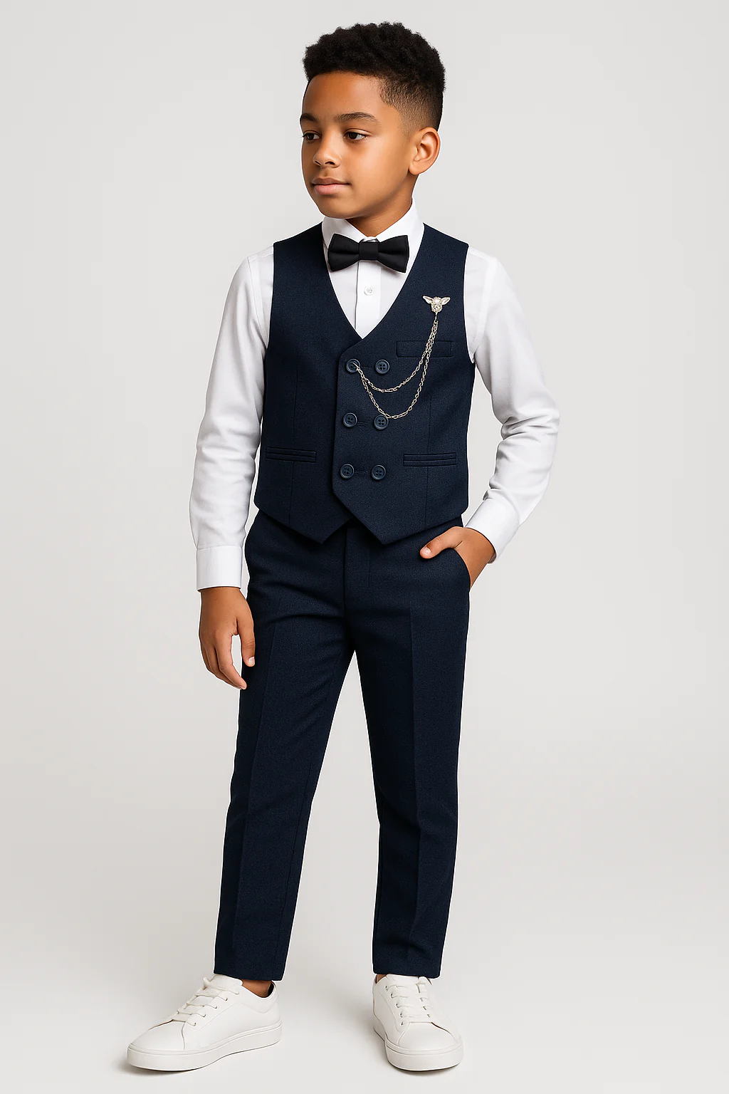 Boys Cotton 5-Piece Double Breasted Waistcoat Suit - BASAK - Navy - Image 2