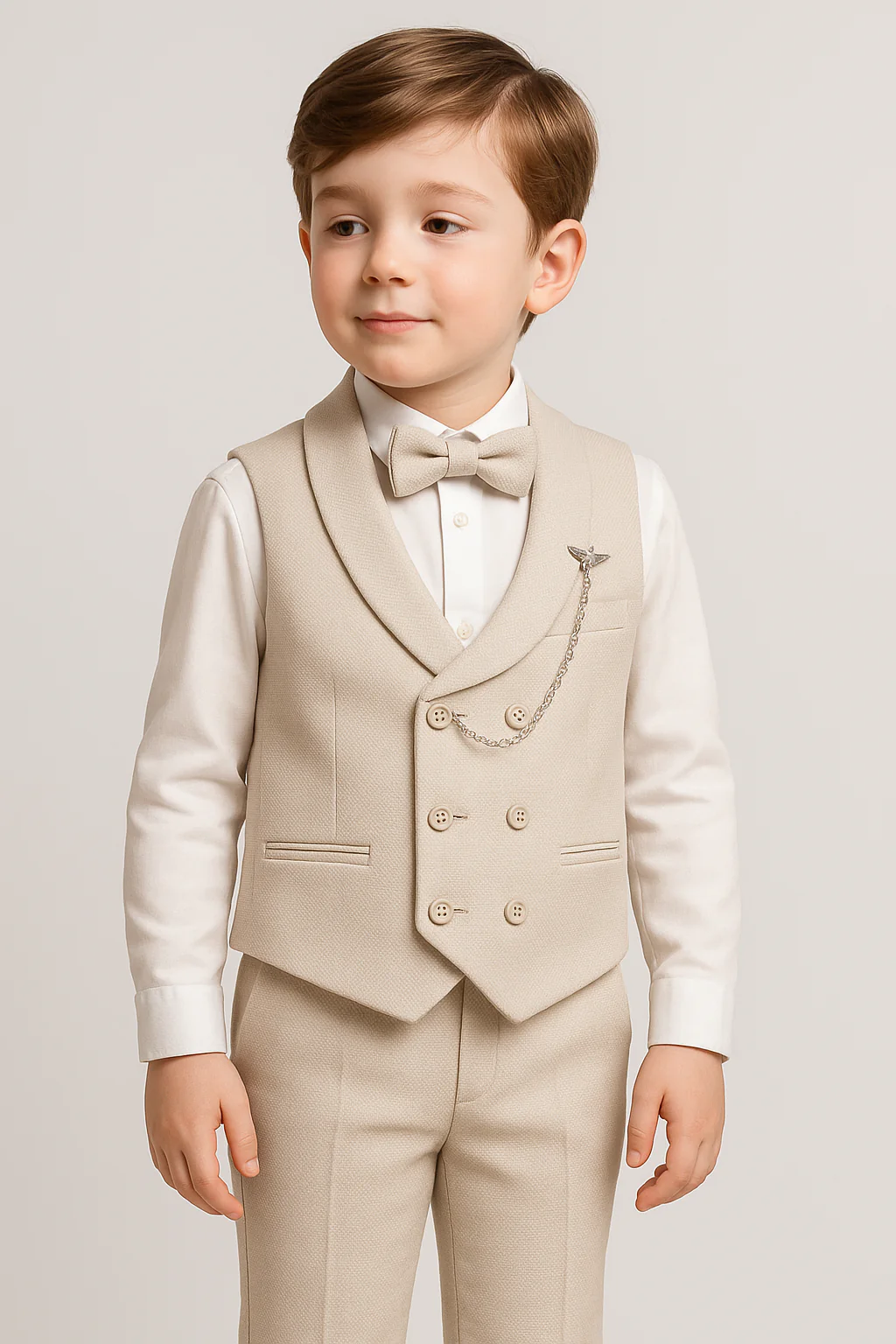 Boys Cotton 5-Piece Double Breasted Waistcoat Suit Set - Beige