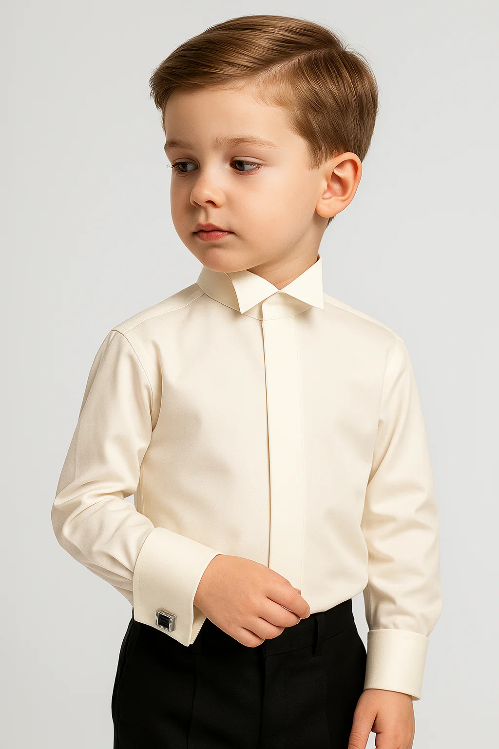 Boys’ Cotton Ivory Wing Collar Dress Shirt with Cufflinks - Image 3