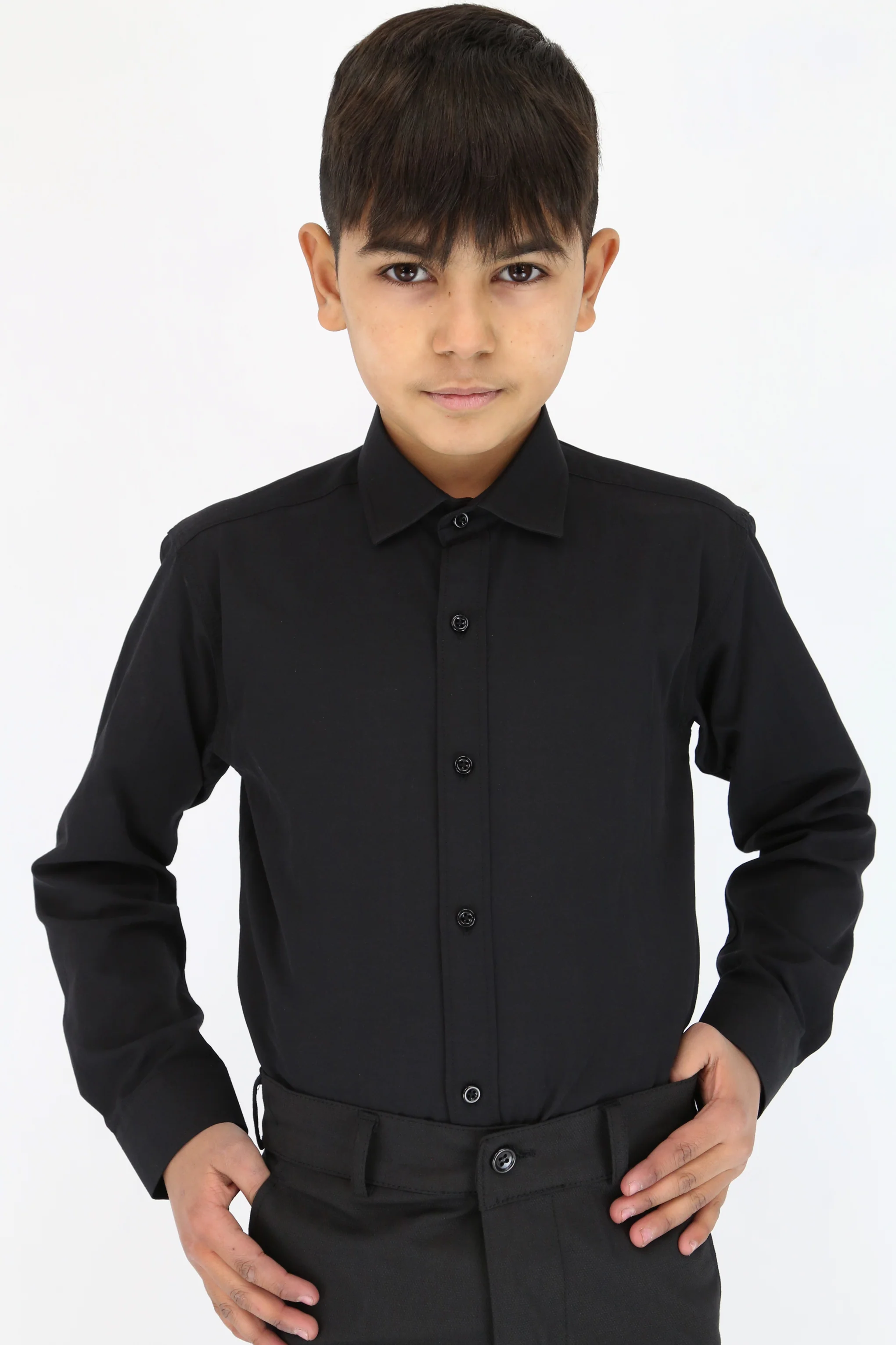 Boys Slim Fit Classic Cotton Blend Shirt - Black - Image 3