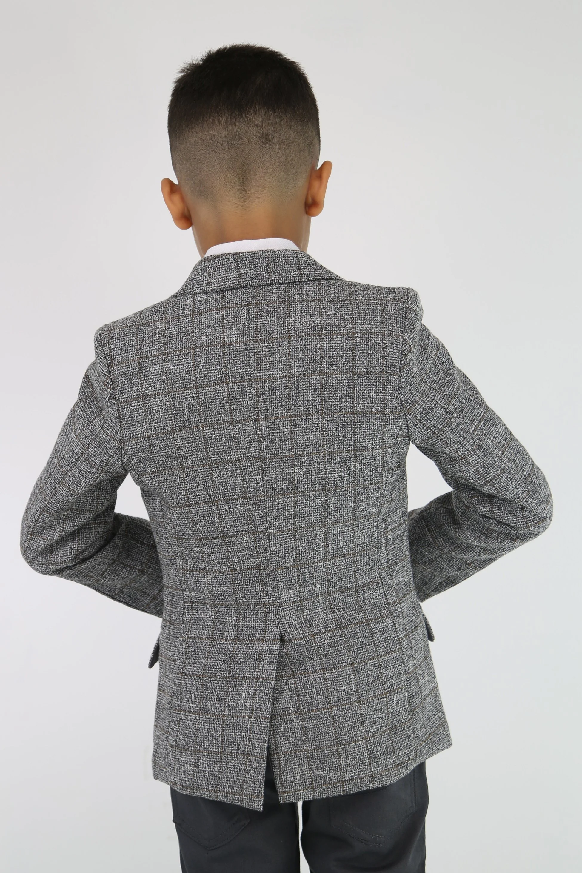 Boys Cotton Blend Tweed Like Check Blazer - Grey - Image 4